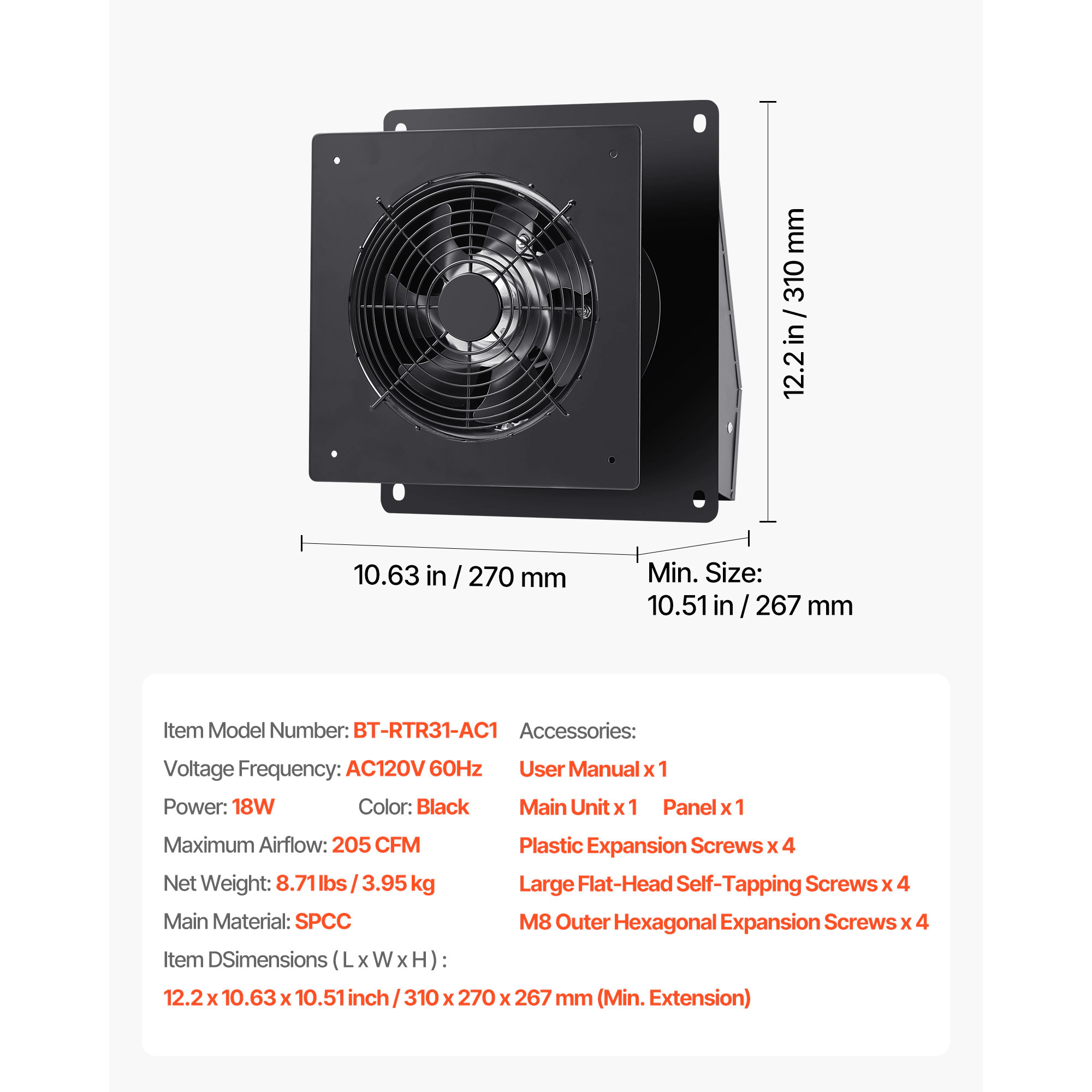 HONGGE 6 inch Through-The-Wall Ventilation Fan Through Wall Exhaust Fan with AC Motor Quiet Vent Easy Installation for