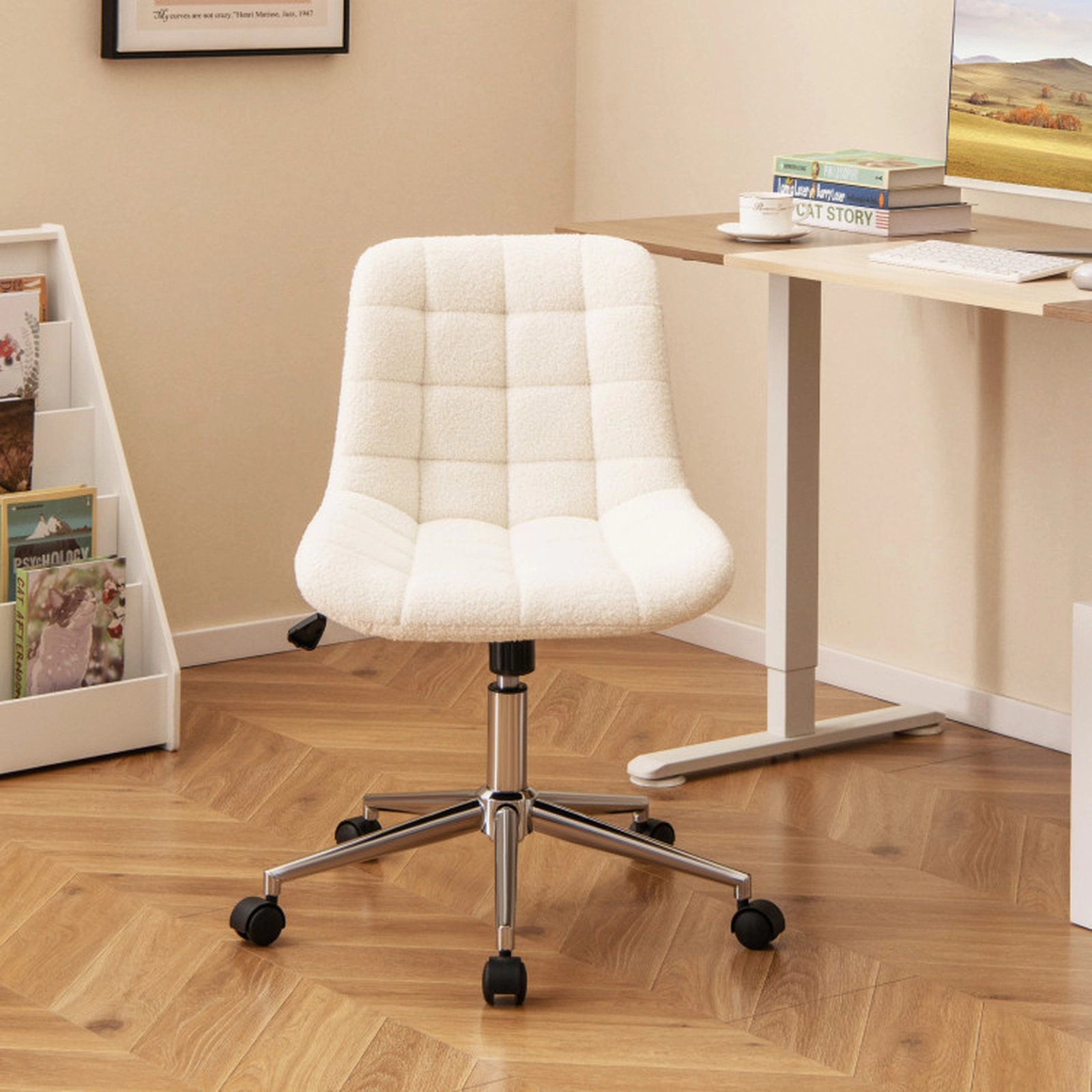 SUGIFT Teddy Fleece Armless Curved Backrest Swivel Vanity Office Chair 26.5-in x 26.5-in x 31.5-in 250-lb White