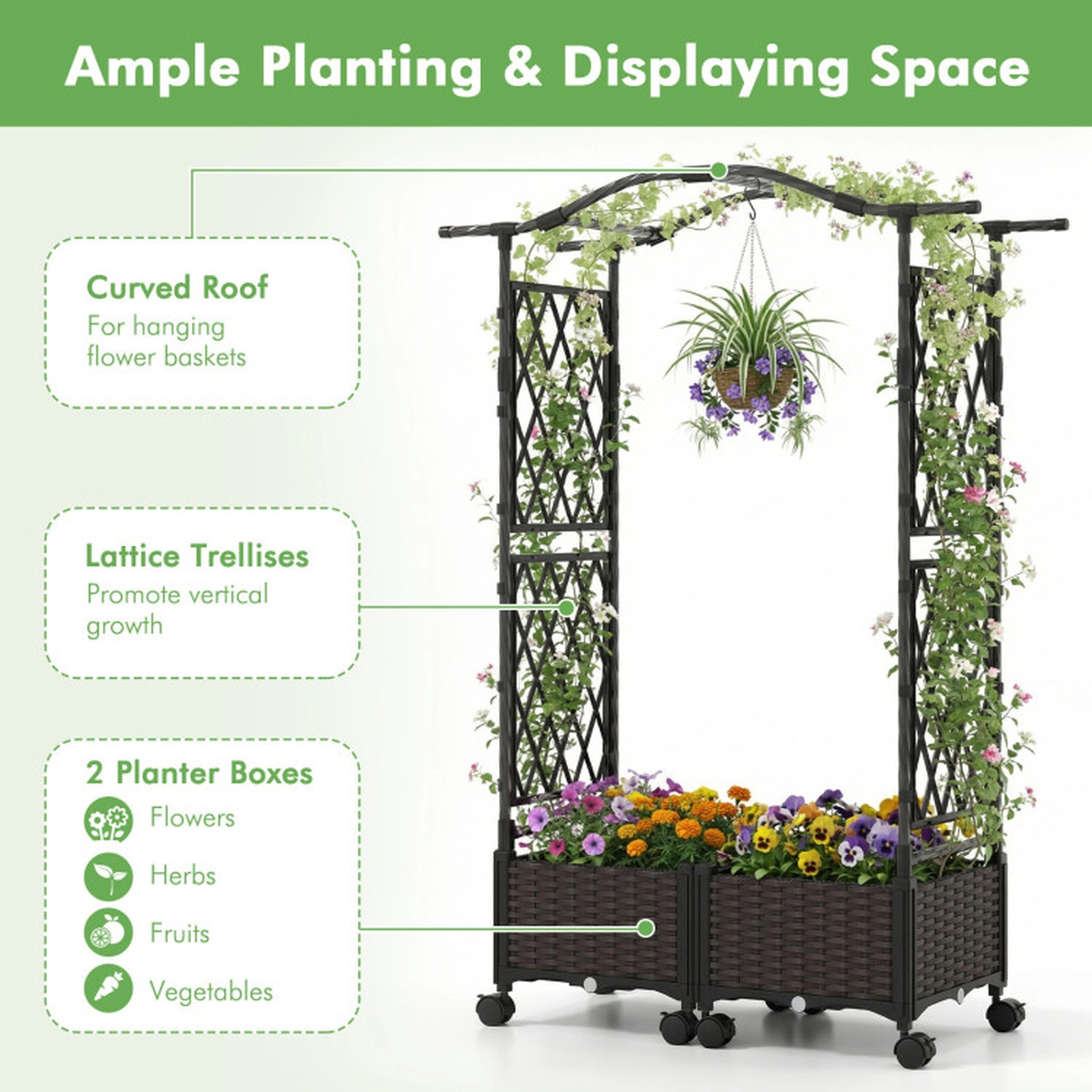 SUGIFT 5-Ft Brown Raised Garden Bed with Lattice Trellis and 2 Self-Watering Planter Boxes 41-in W 16-in D 58-in H