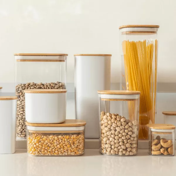 OU Airtight Food Storage Container 9.7cup, Clear Plastic w/ Leak Proof Bamboo Lid, Stackable Kitchen Pantry Organizer