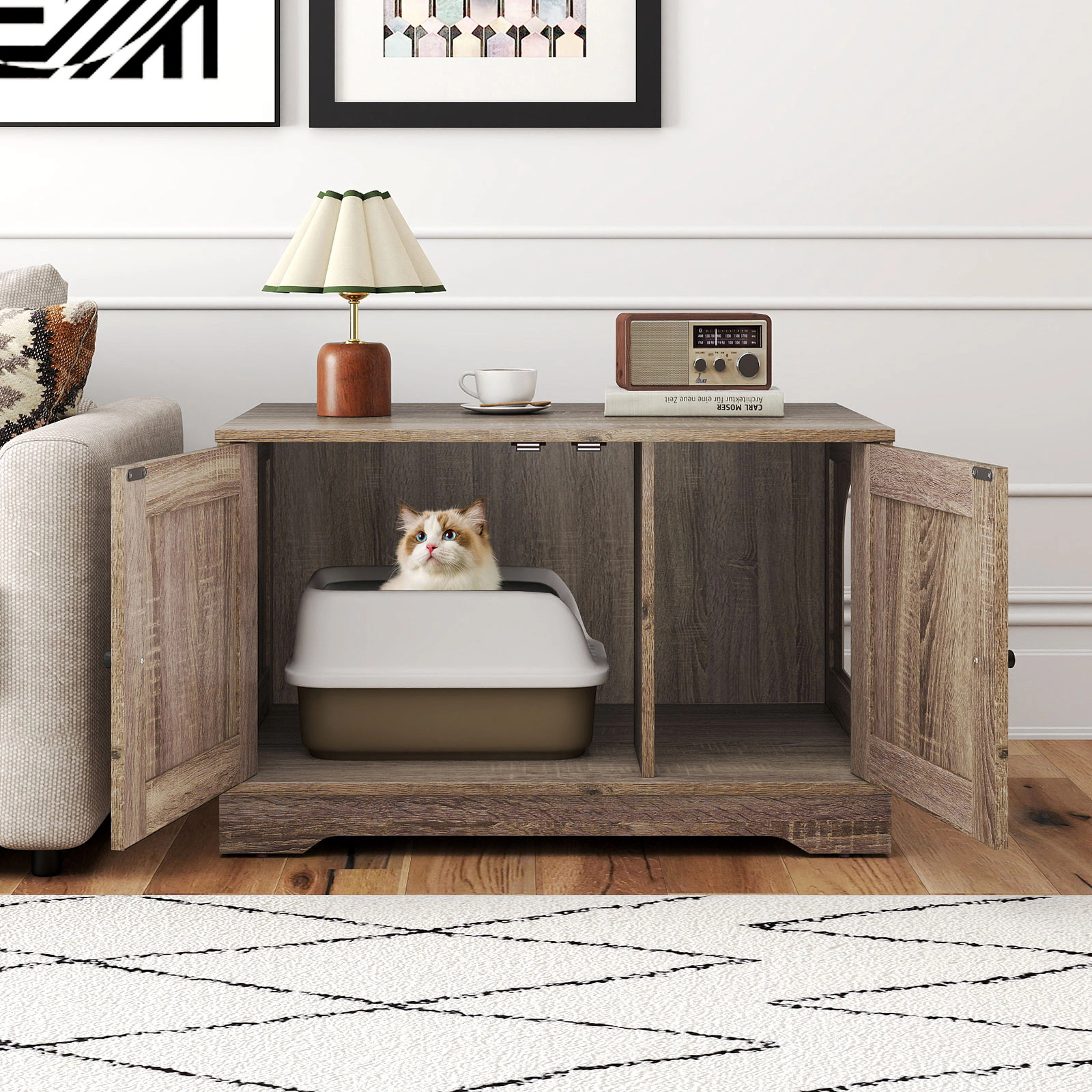 SUGIFT Cat Litter Box Enclosure Side Table with Dual Doors 110-lb Tabletop Capacity Gray