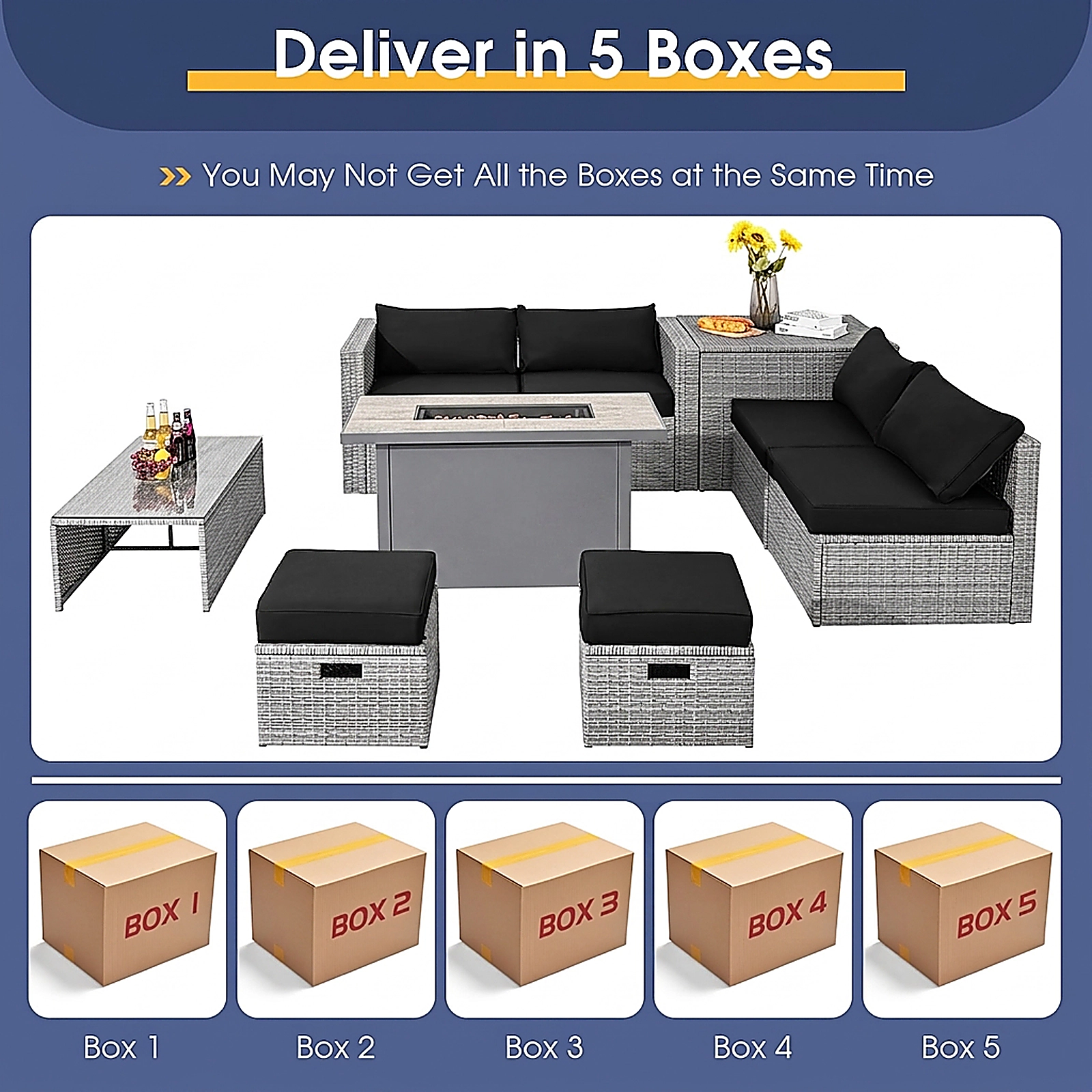 SUGIFT 42 60000 BTU Fire Pit Table and Storage Box 9-Piece Patio Rattan Sectional Set