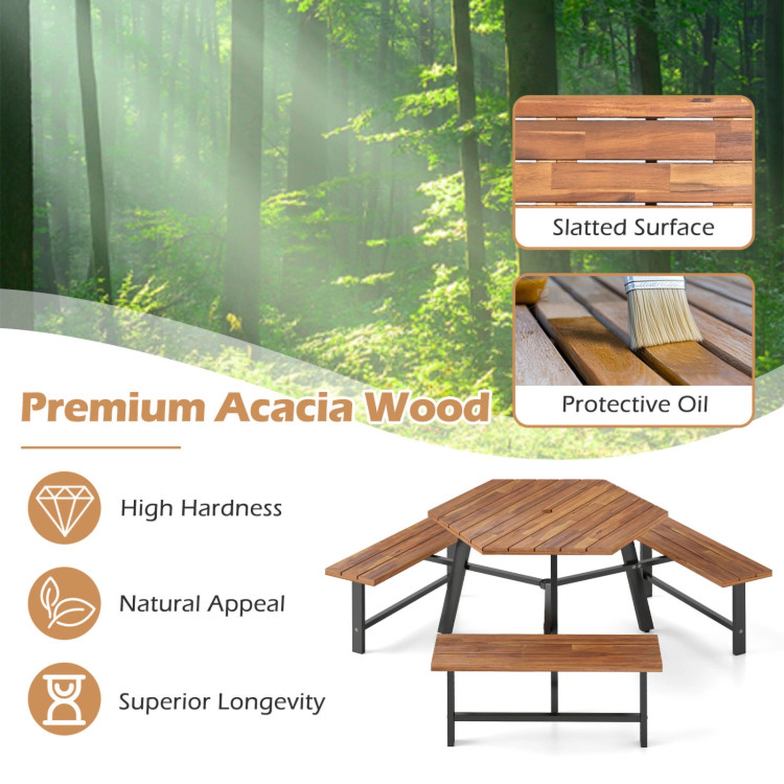 SUGIFT Acacia Wood Picnic Table Bench Set for 6 with 3 Seats and Umbrella Hole