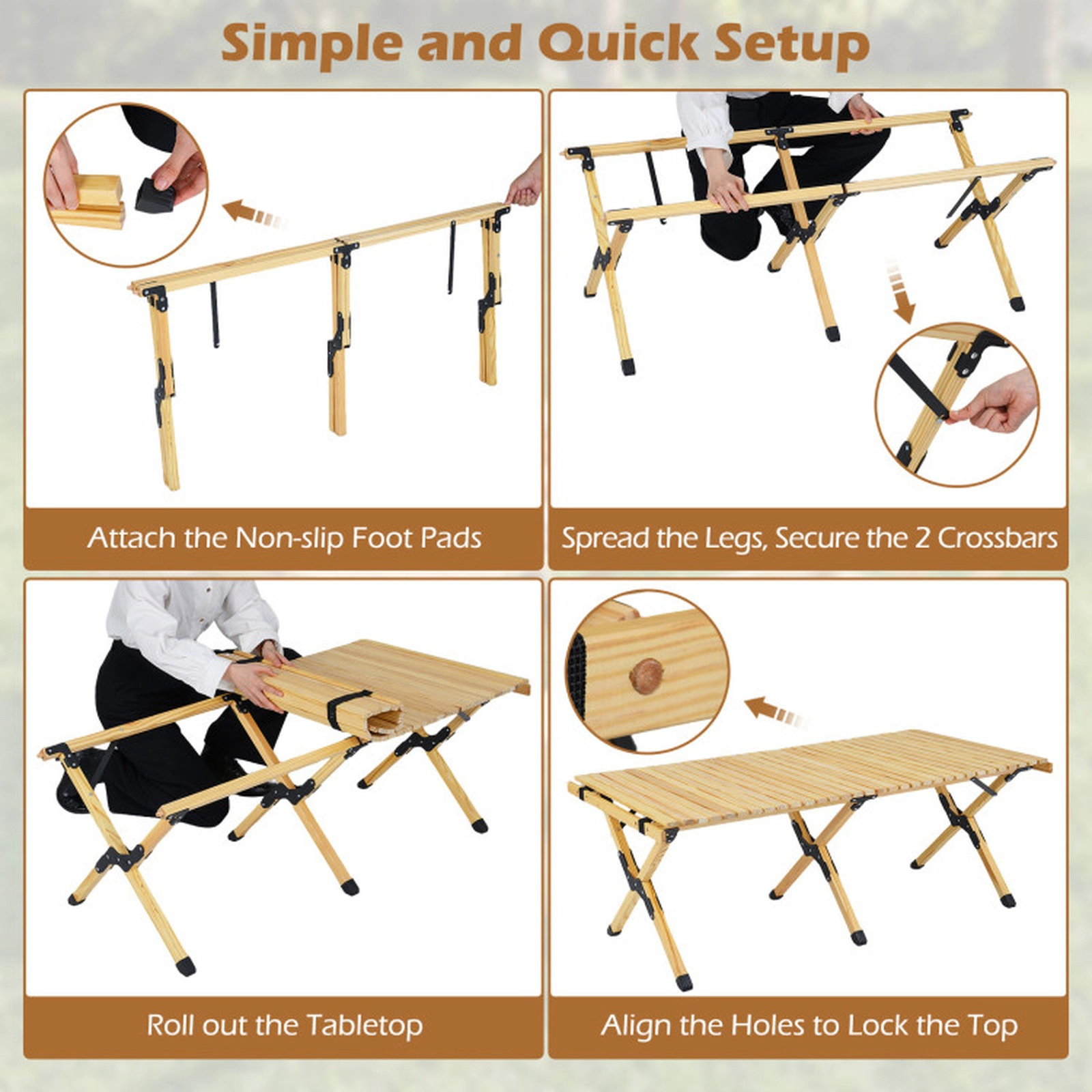 SUGIFT Natural Wood Roll Up Folding Camping Table with Carry Bag 48-in W 24-in D 18-in H 155-lb Tabletop Capacity