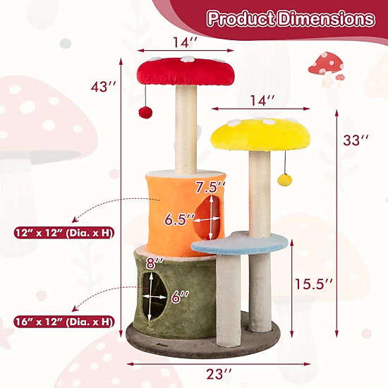 Glintex 43-Inch Colorful Mushroom Cat Tree with 2 Condos and 2 Padded Platforms, Multicolor