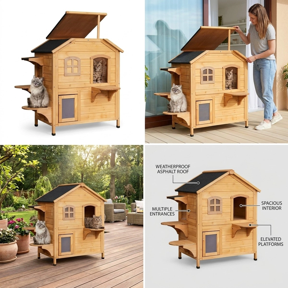 212 Main PawHut 2-Story Outdoor Weatherproof Wooden Cat House Enclosure for Feral Cats