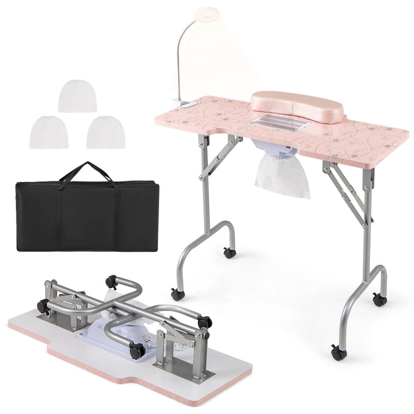 SUGIFT 66-lb Capacity Folding Manicure Table with Electric Dust Collector Bendable LED Lamp and Wrist Pad