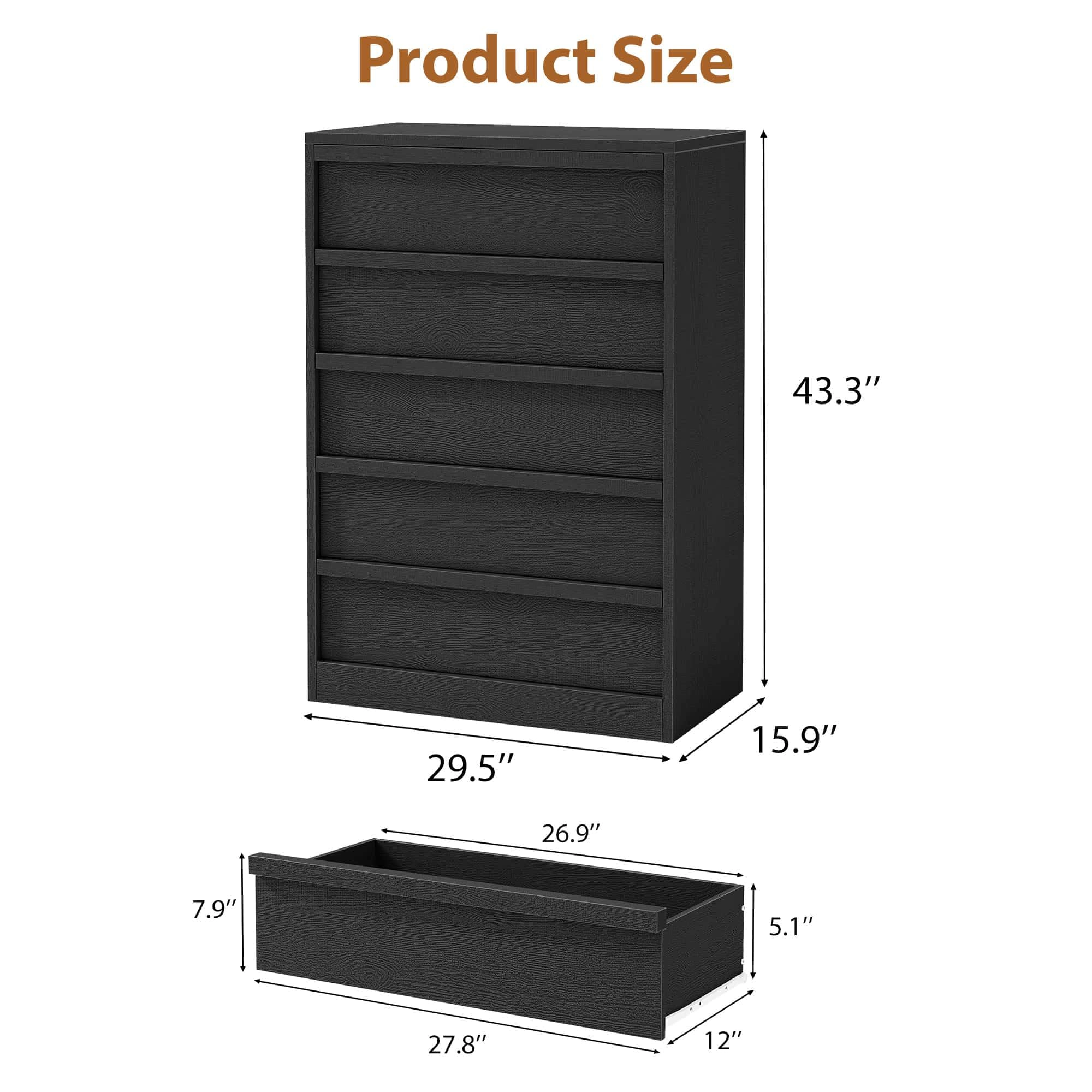5 Drawer Dresser, Freestanding MDF Chest of Drawers with Storage Top and Anti-Tip Hardware for Bedroom