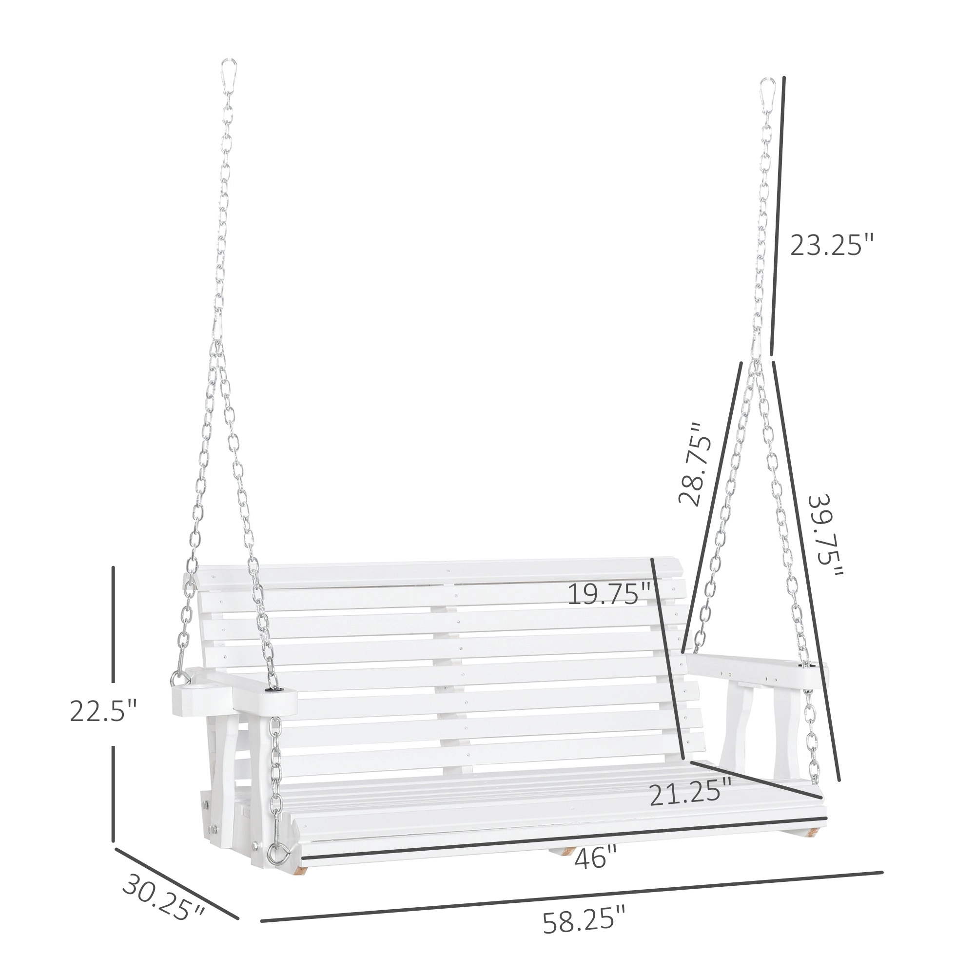 HONGGE 46" 2-Person Wooden Porch Swing Bench with Cup Holders, Slatted Design, Chains, 440lb Capacity