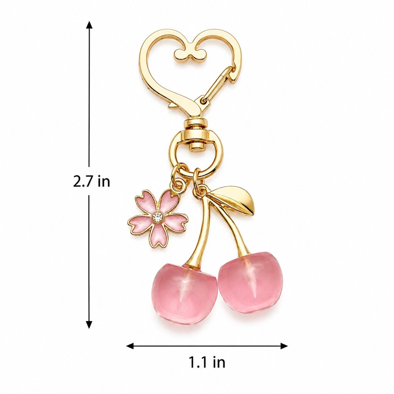 Alilang Women's 2-Pack Translucent Cherry Bag Charm Keychains with Flower Accents and Gold-Tone Heart Clasps