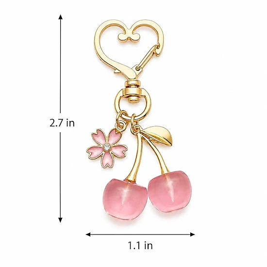 Alilang Women's 2-Pack Translucent Cherry Bag Charm Keychains with Flower Accents and Gold-Tone Heart Clasps