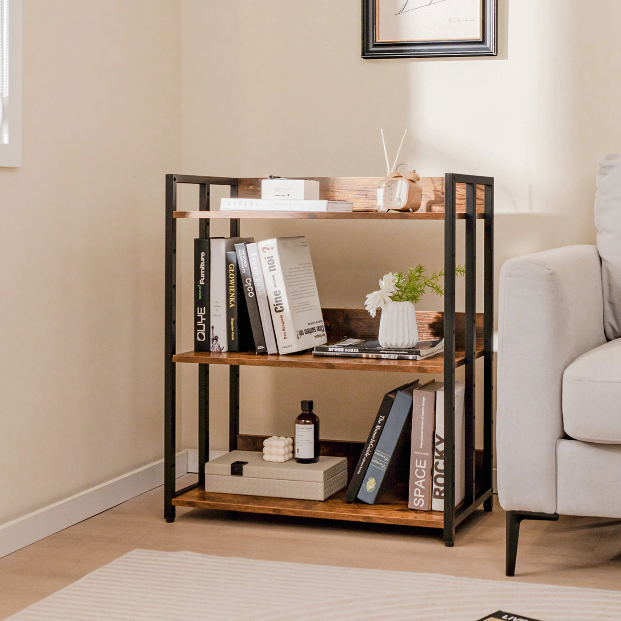 Costway 3-Tier Industrial Metal Frame Corner Bookcase with Adjustable Shelves Rustic Brown