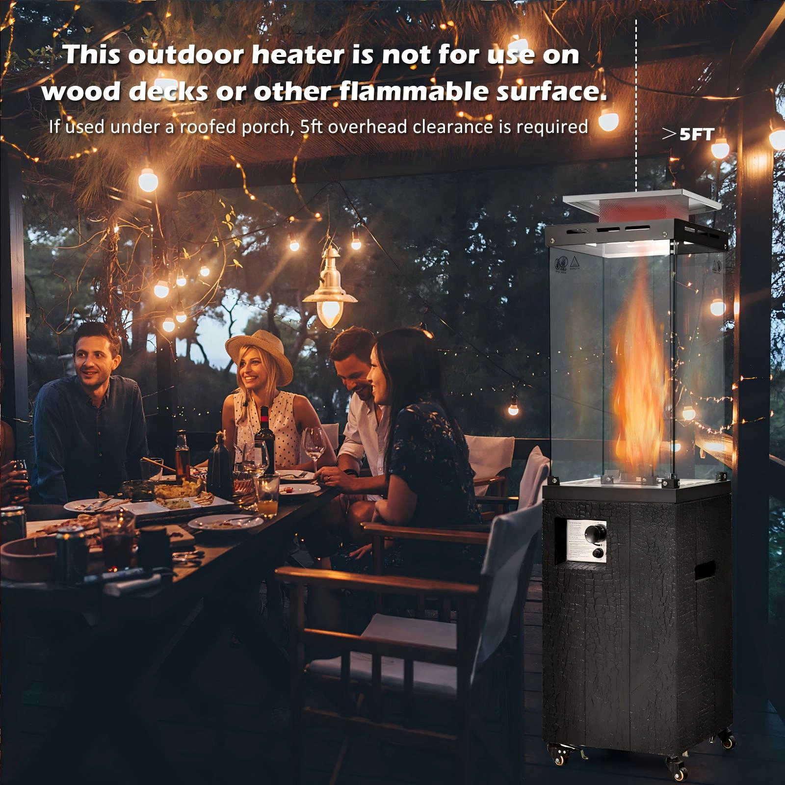 SUGIFT 41000-BTU Black 13-ft Coverage Propane Patio Heater with Tempered Glass Tube Metal Hood and Wheels