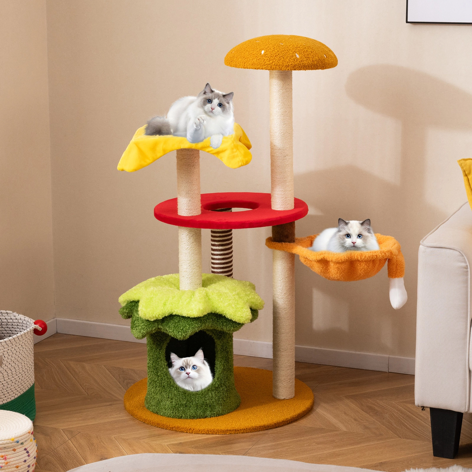SUGIFT Yellow 46 in Hamburger Cat Tree with Hanging Basket Bed and Padded Perch