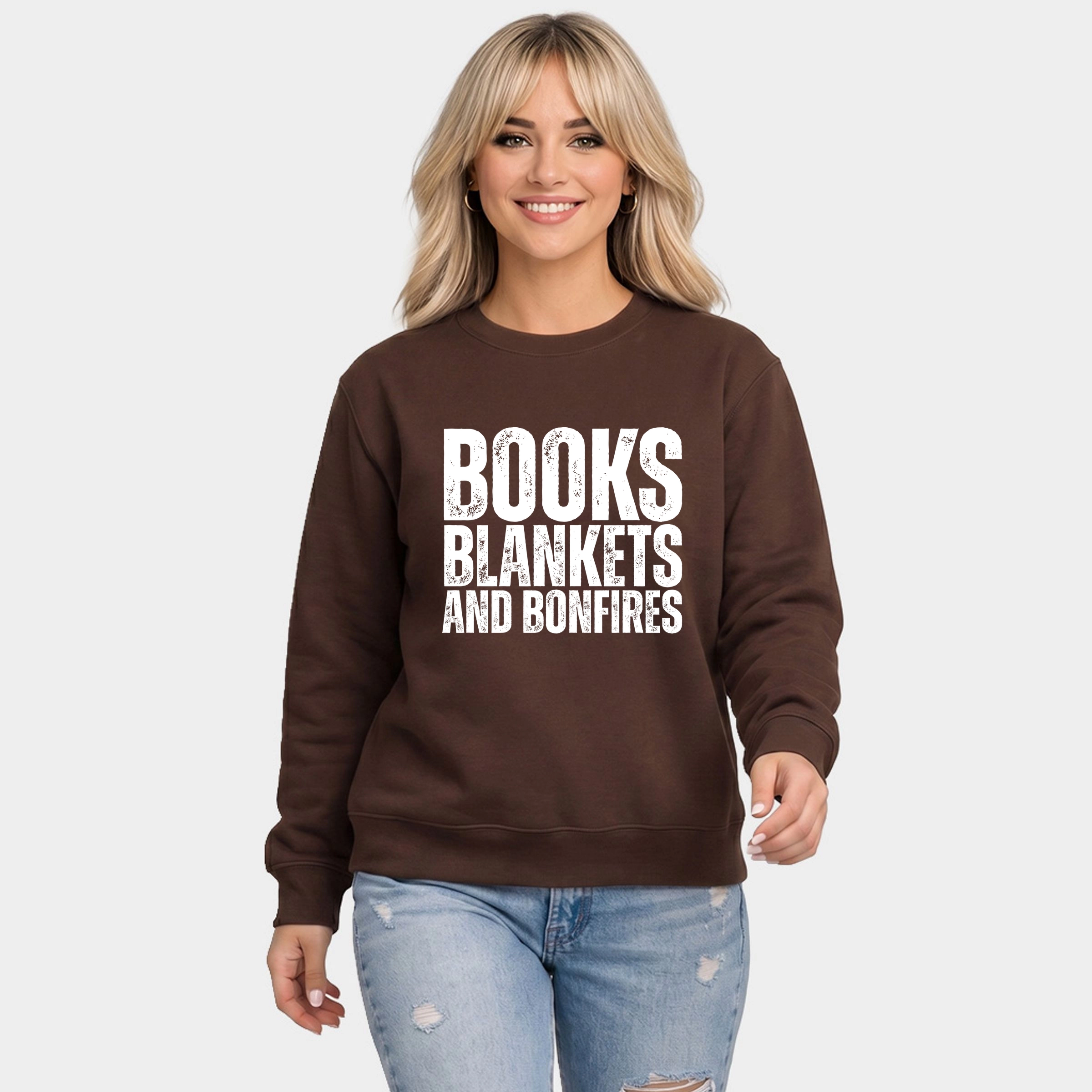 Simply Sage Market - Women's Graphic Sweatshirt Books, Blankets, and Bonfires