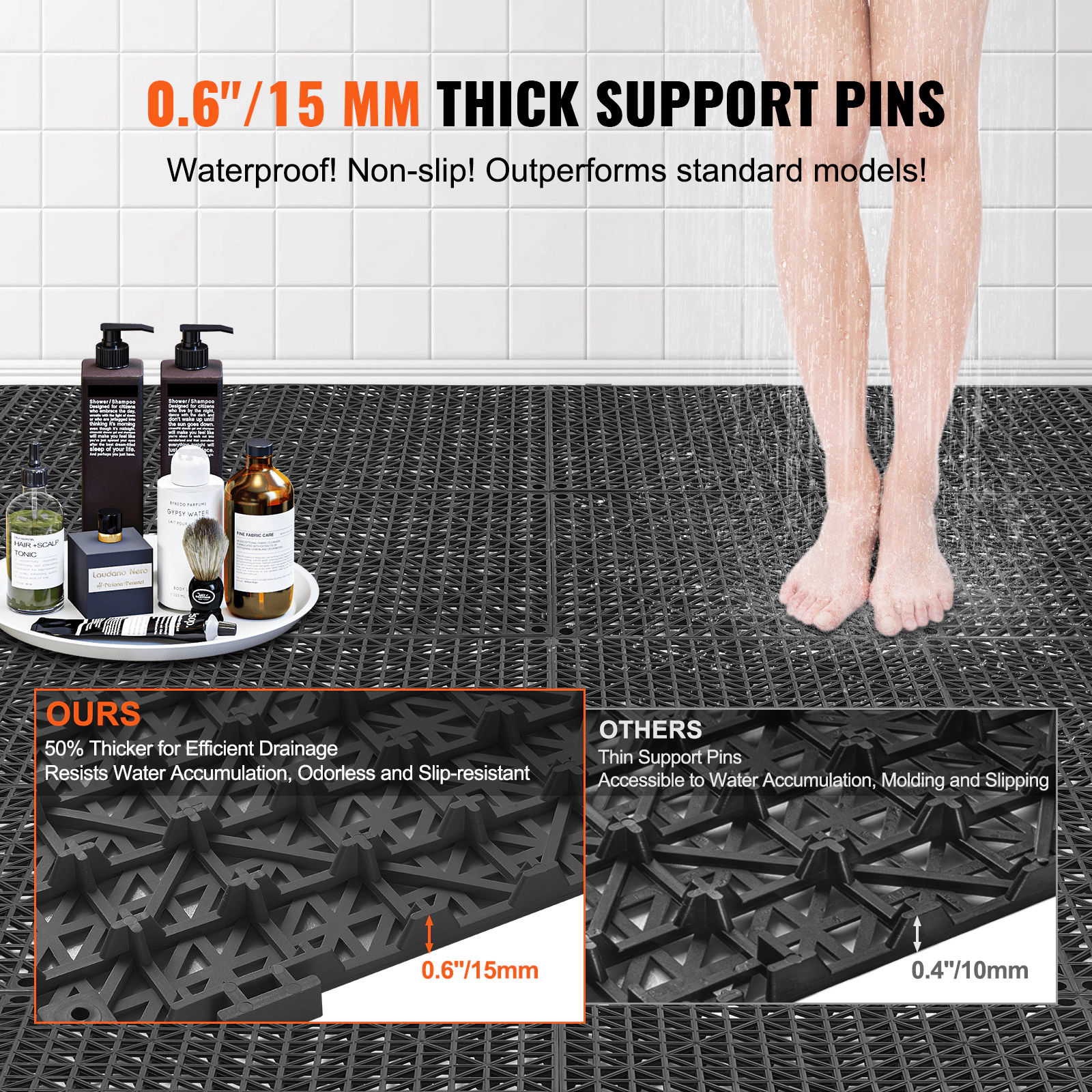 HONGGE 12-Pack PVC Interlocking Drainage Mats, 12 x 12 in Non-Slip Black Tiles for Bathroom, Pool & Kitchen Floors