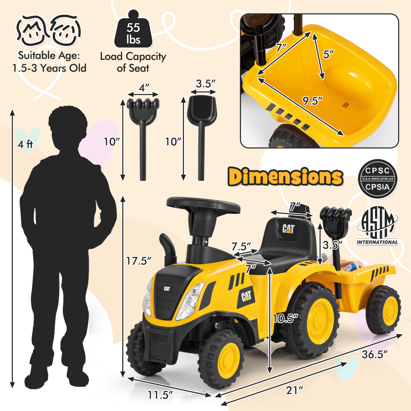 Kids Ride On Tractor Detachable Trailer LED Lights Horn 36.5-in No-Power Toddlers 1.5-3 55-lb Seat Capacity Yellow