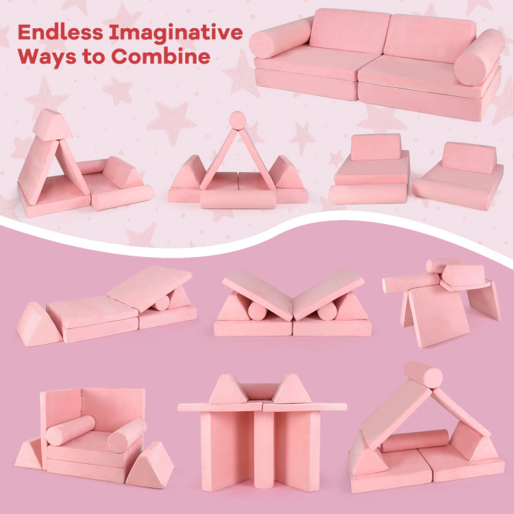 Hivvago 8 Pieces Kids Play Couch Foam Building Fort Play Set With Suede Cover-Pink