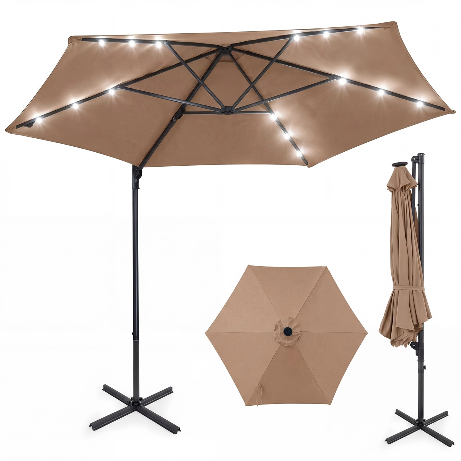 SUGIFT 10-ft Tan Solar LED Offset Cantilever Patio Umbrella with Manual Lift and Cross Base