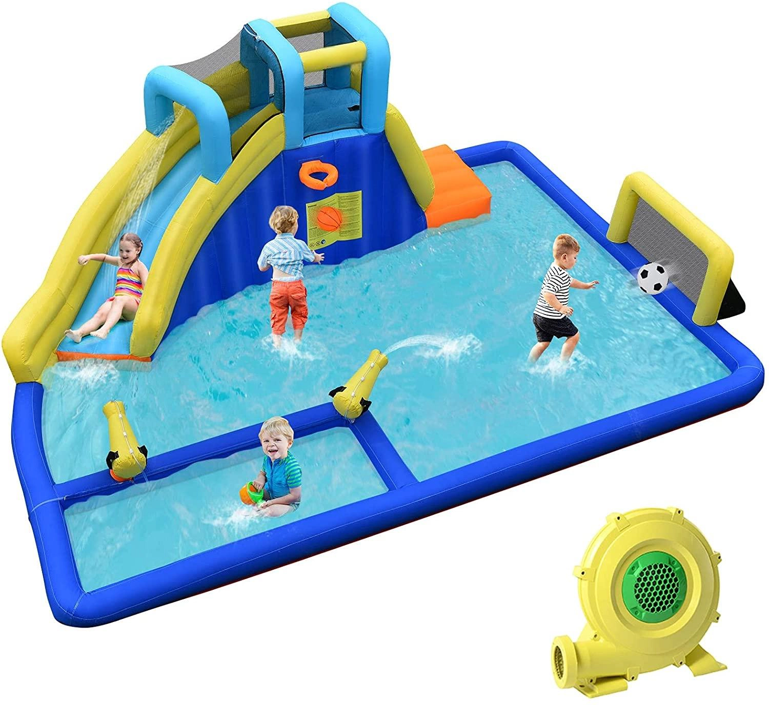 SUGIFT 6-in-1 Inflatable Water Slide Bounce House with Blower Basketball Hoop and Mesh Safety Walls