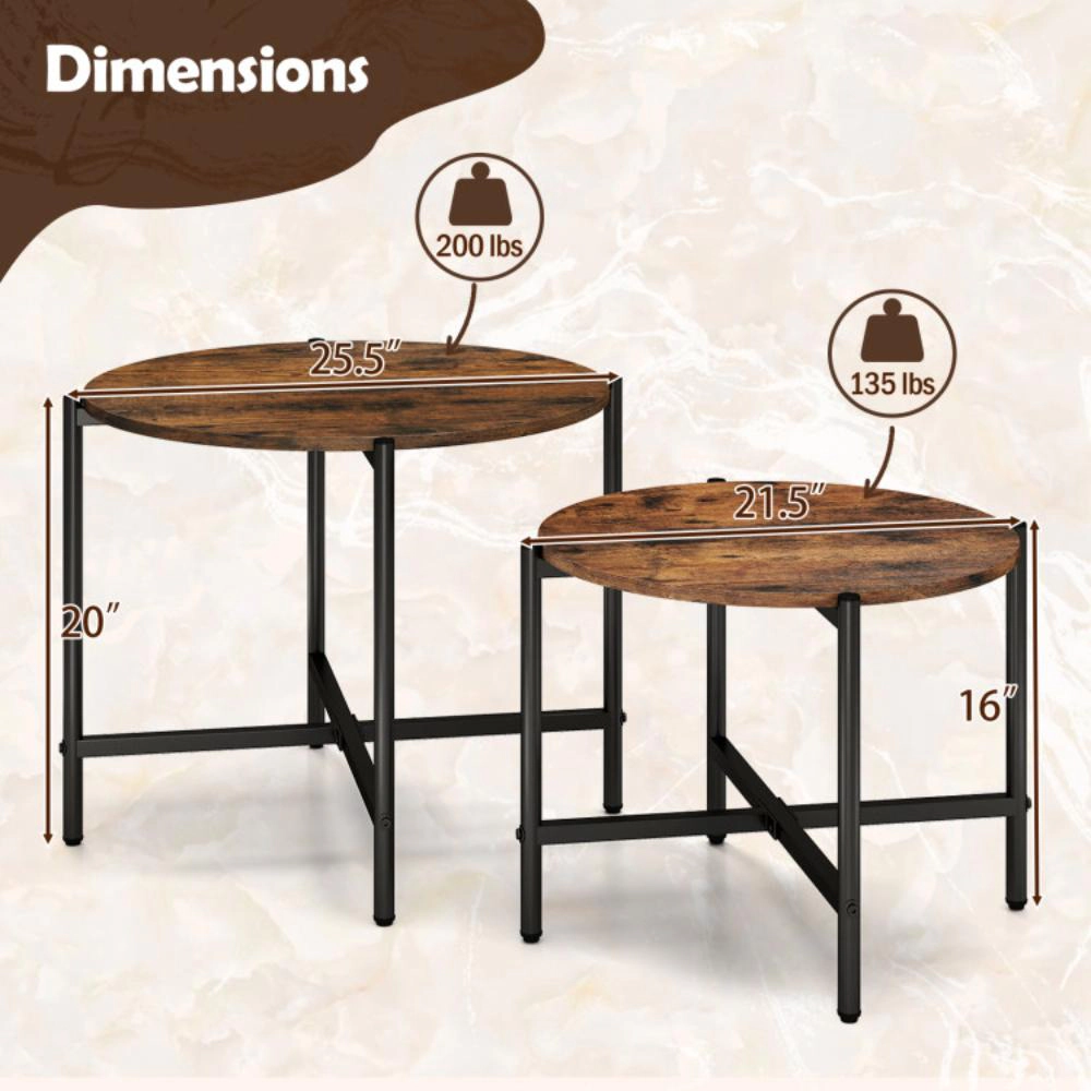 Hivvago Modern Set of 2 Round Tables with Strong Metal Frames