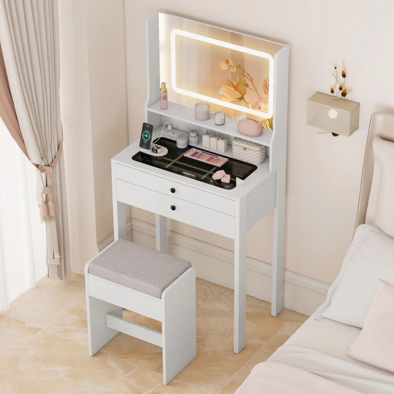 SUGIFT Small Vanity Desk with Mirror Lights & Glass Top 77-lb Table 165-lb Stool Capacity 25 x 16 x 52 in White/Natural