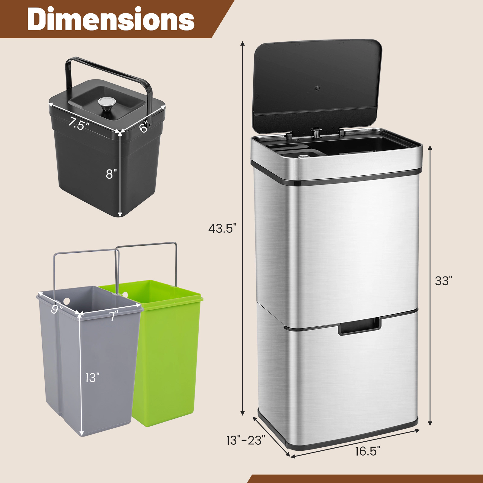 Hivvago 19 Gal Stainless Steel Trash Can with Kitchen Waste Bin and 2 Bottom Recycling Bins