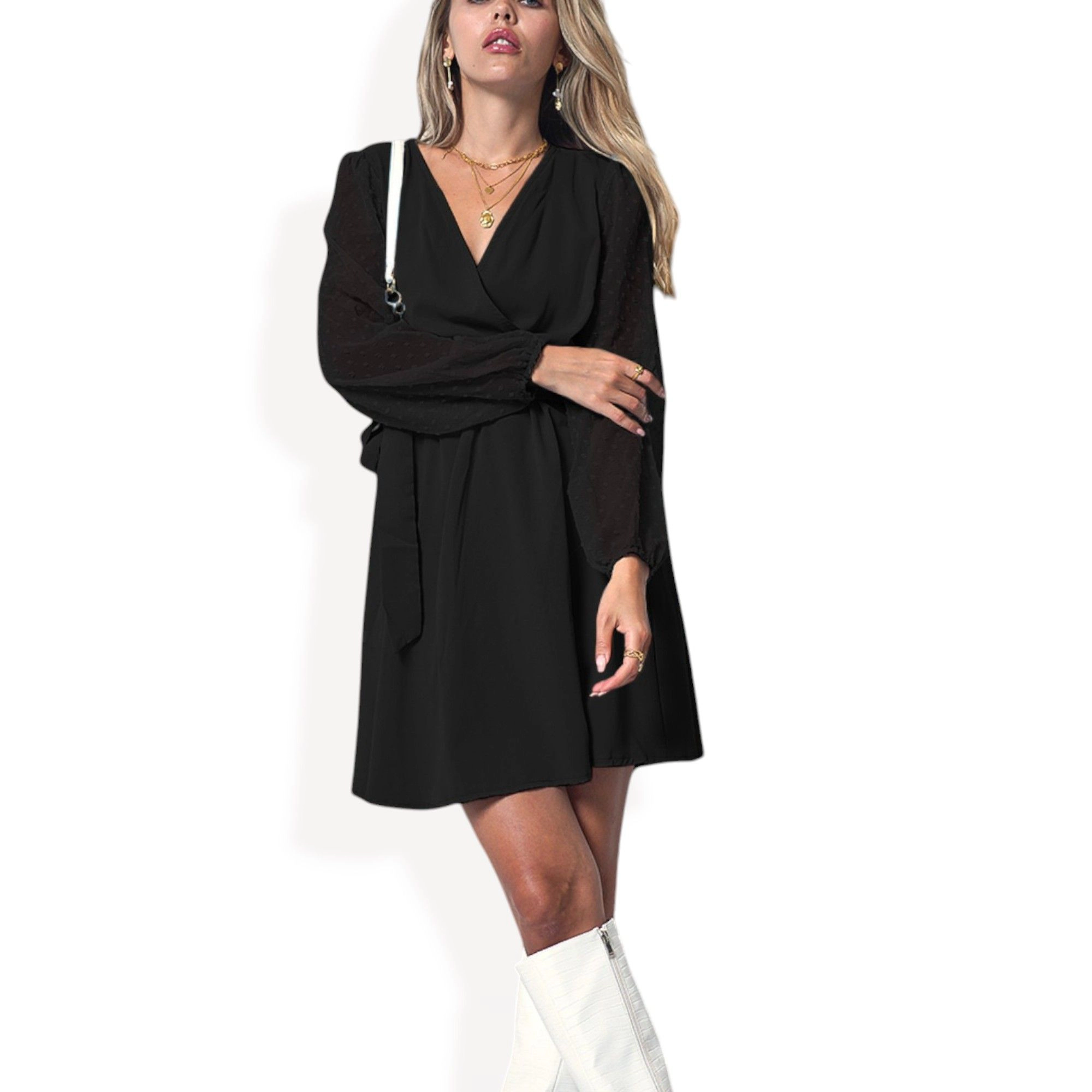 Anna-Kaci Women's V-Neck Long Sleeve Mini Dress with Sheer Dotted Sleeves and Waist Tie Detail