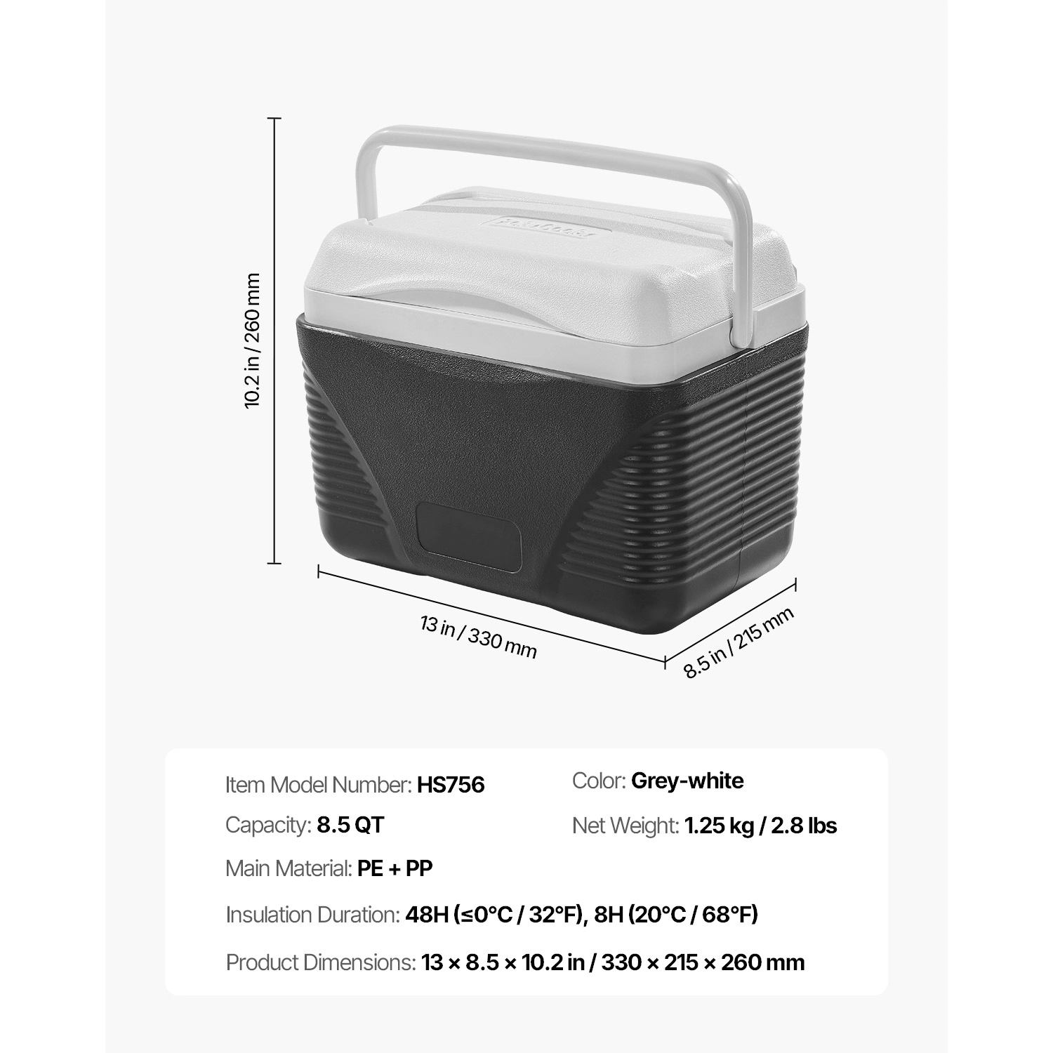 HONGGE 8.5-Quart Compact Hard Cooler with Carry Handle, Lightweight Insulated Ice Chest for Short Trips