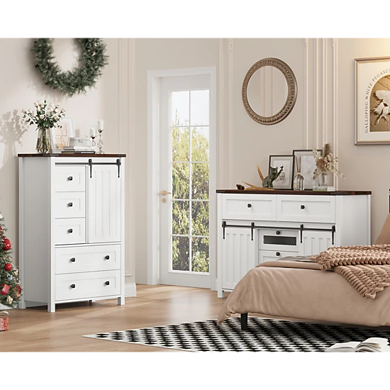 BebreezChic Farmhouse 5-Drawer Dresser for Bedroom, Wood Chest with Sliding Barn Door, Adjustable Shelf