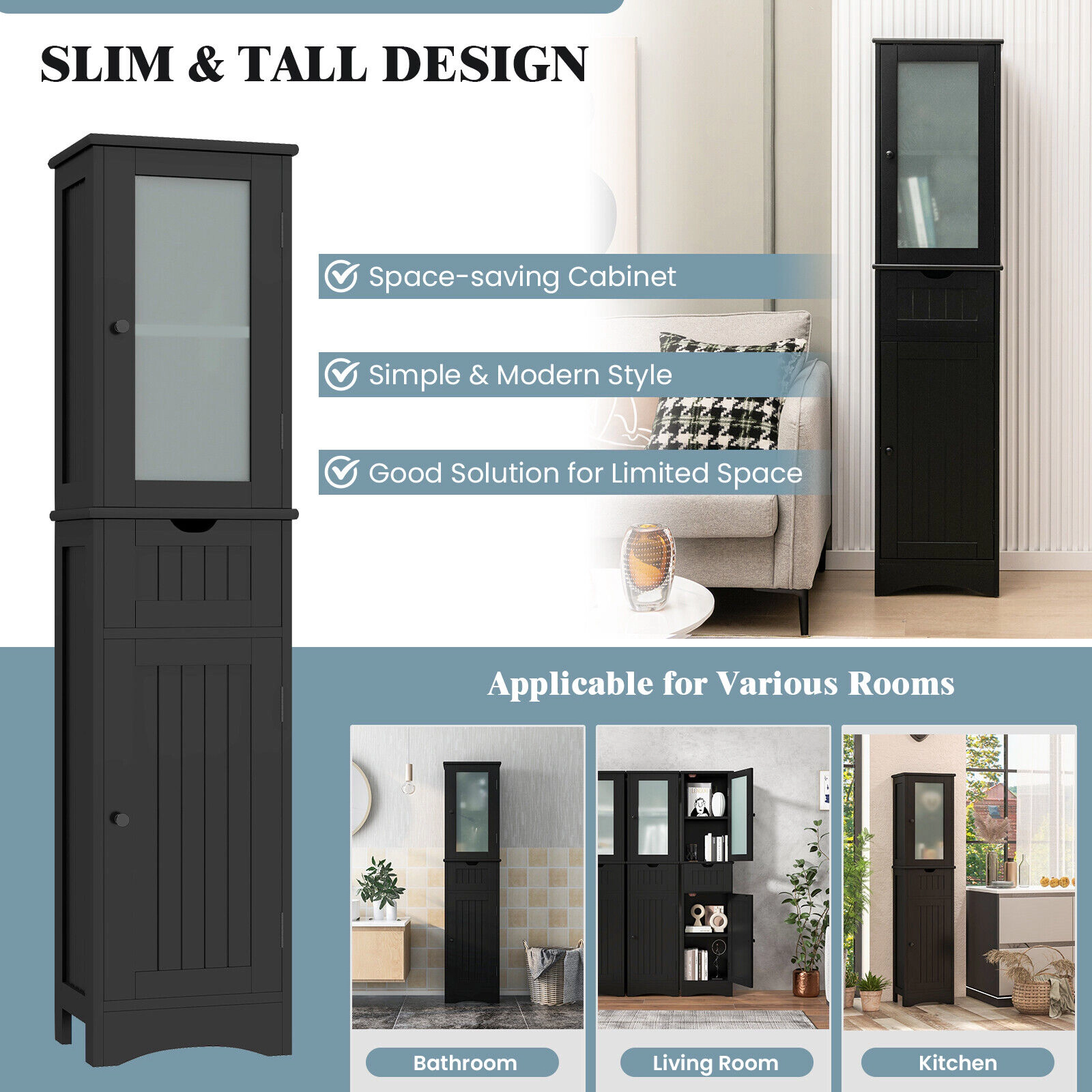 Glintex 67-Inch Slim Storage Cabinet with 2 Glass Doors and 1 Drawer