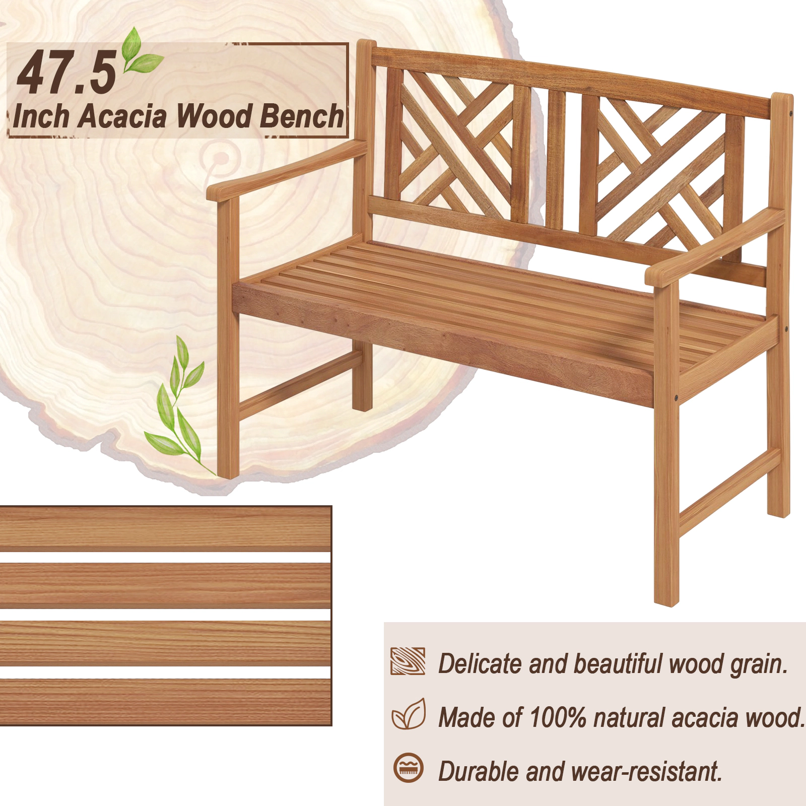 Hivvago 2-Person Wood Outdoor Bench With Cozy Armrest And Backrest