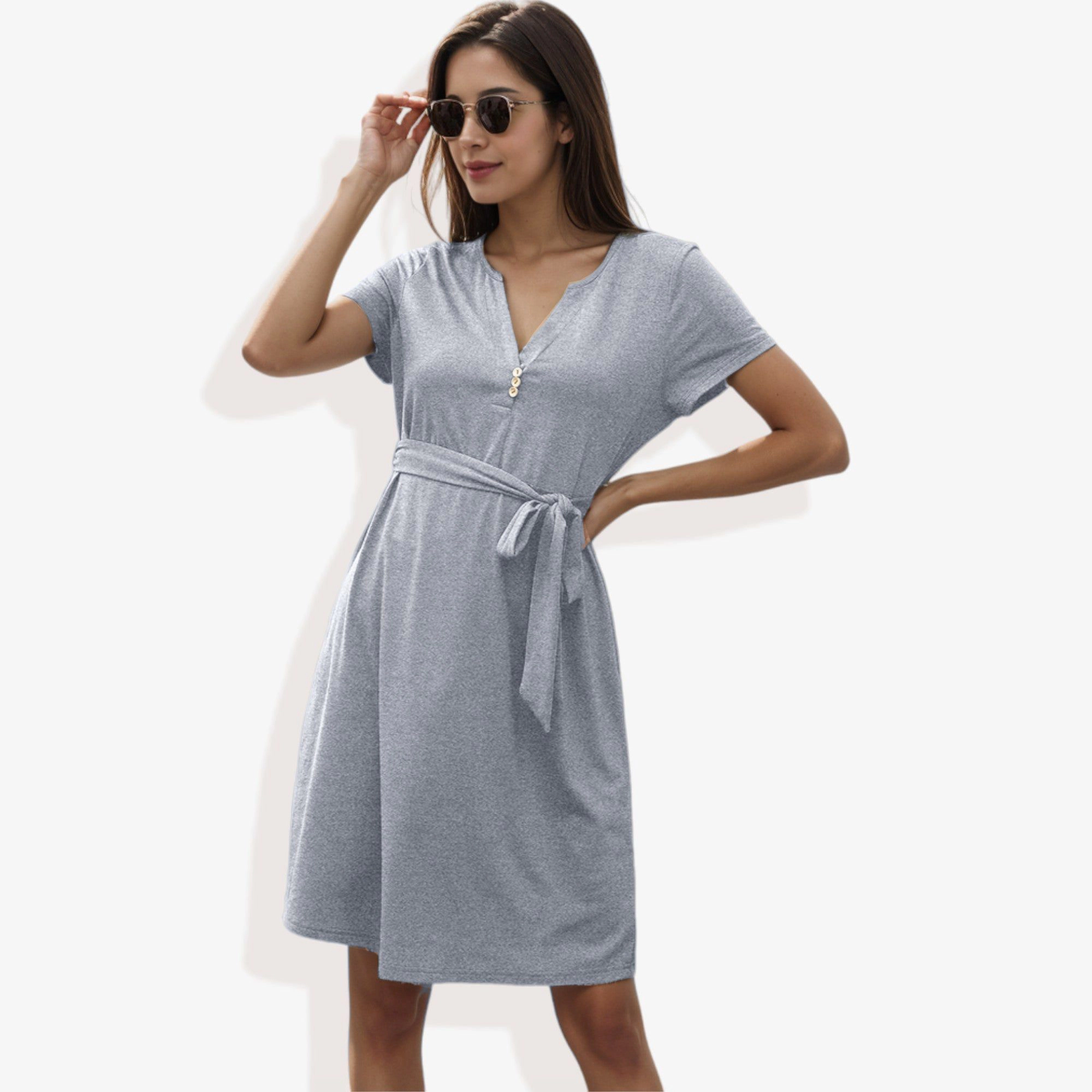 Anna-Kaci Women's Notched V-Neck Button Detail Belted Flared Tunic Dress