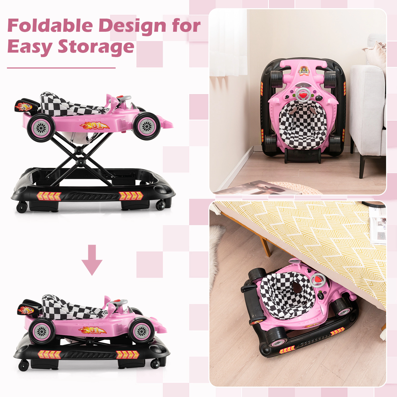 Convertible Baby Walker and Activity Center with 3 Height Settings Racing Car Music Plate and Damping Wheels Pink