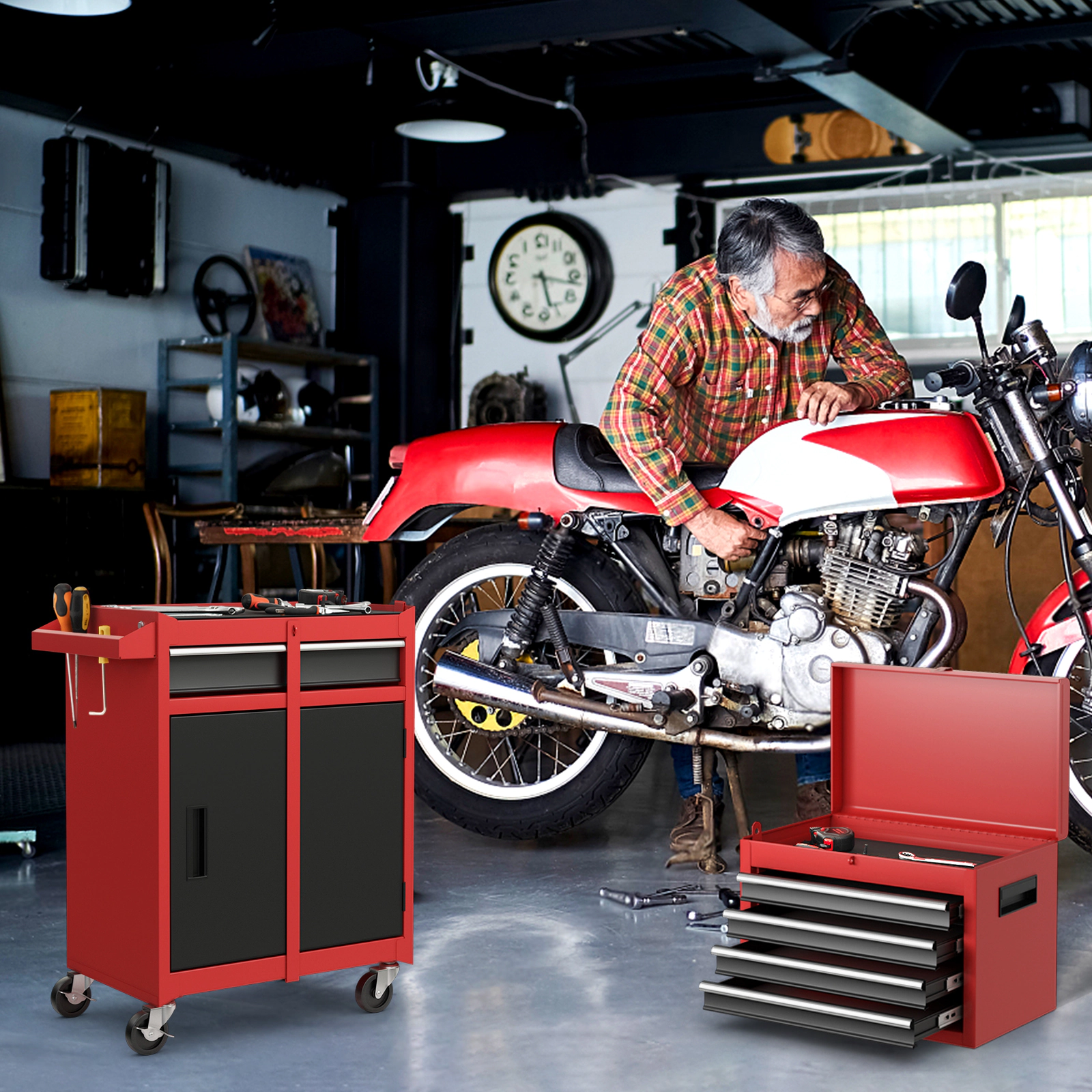 SUGIFT 2-in-1 Steel Tool Chest and Cabinet with 5 Sliding Drawers 220.5-lb Capacity Black & Red