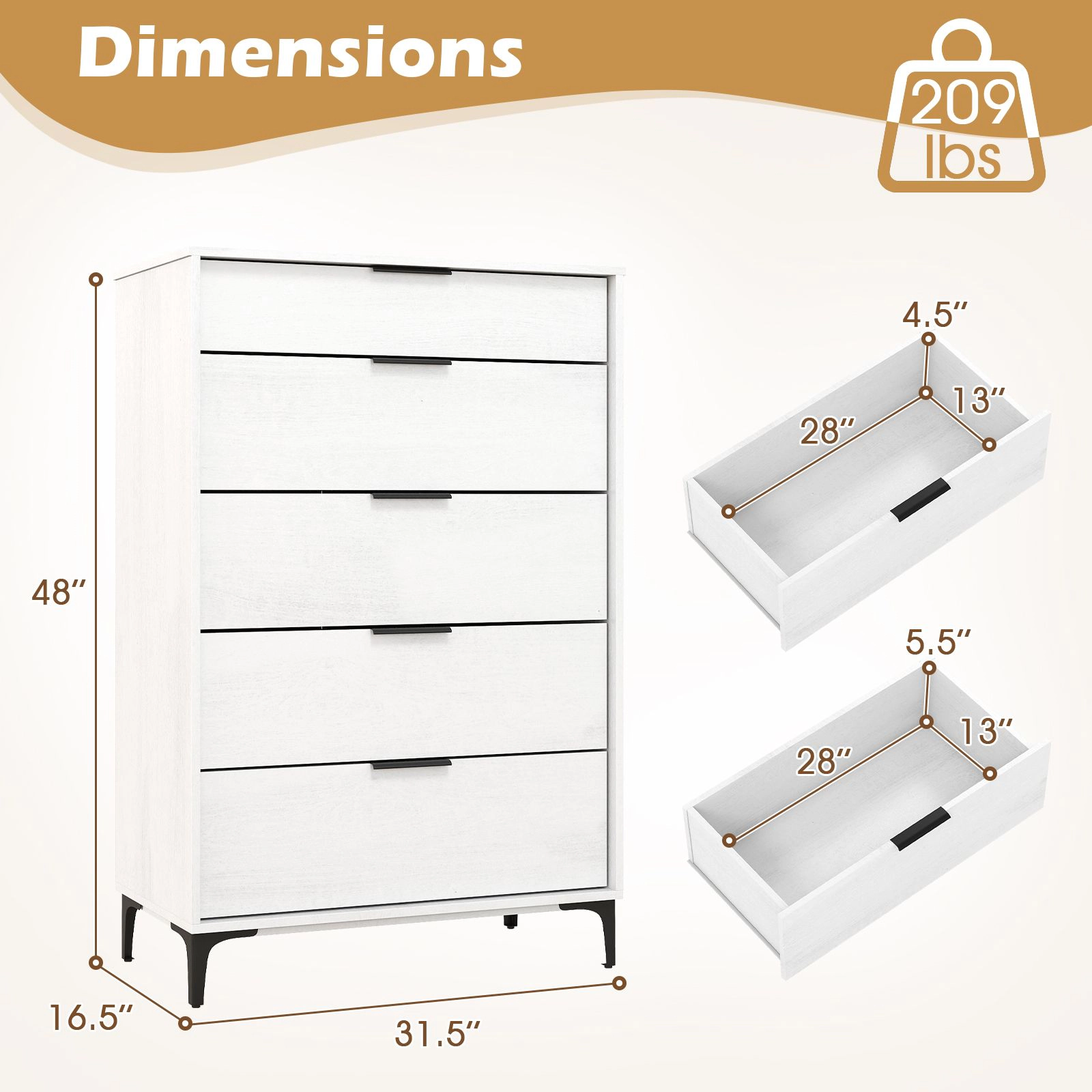 SlickBlue Tall Bedroom Chest of Drawers with Large Storage Space Organizer