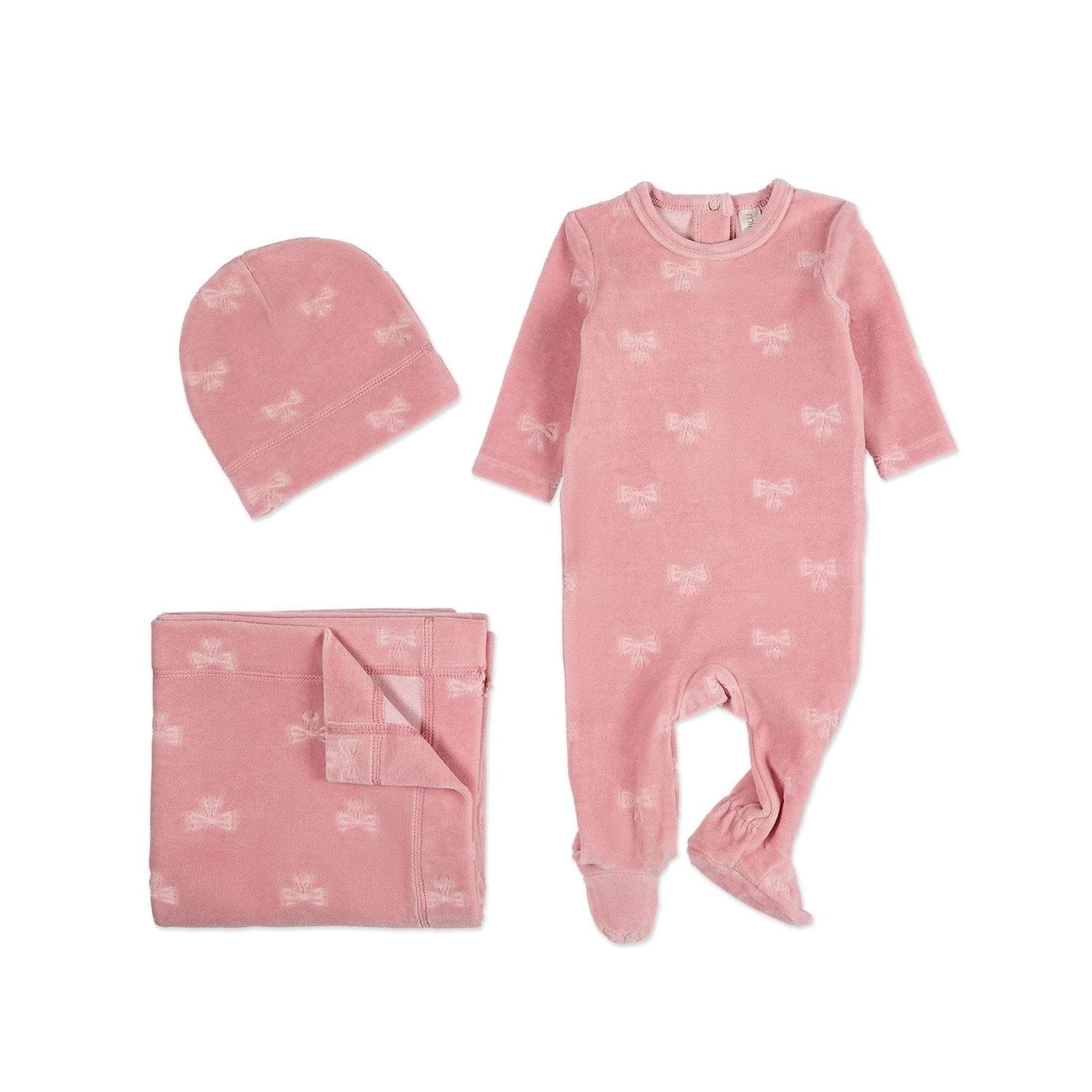 MeMoi 3 Piece Baby Girls "Velvet Bow" Cotton Rich Velour Footie Set