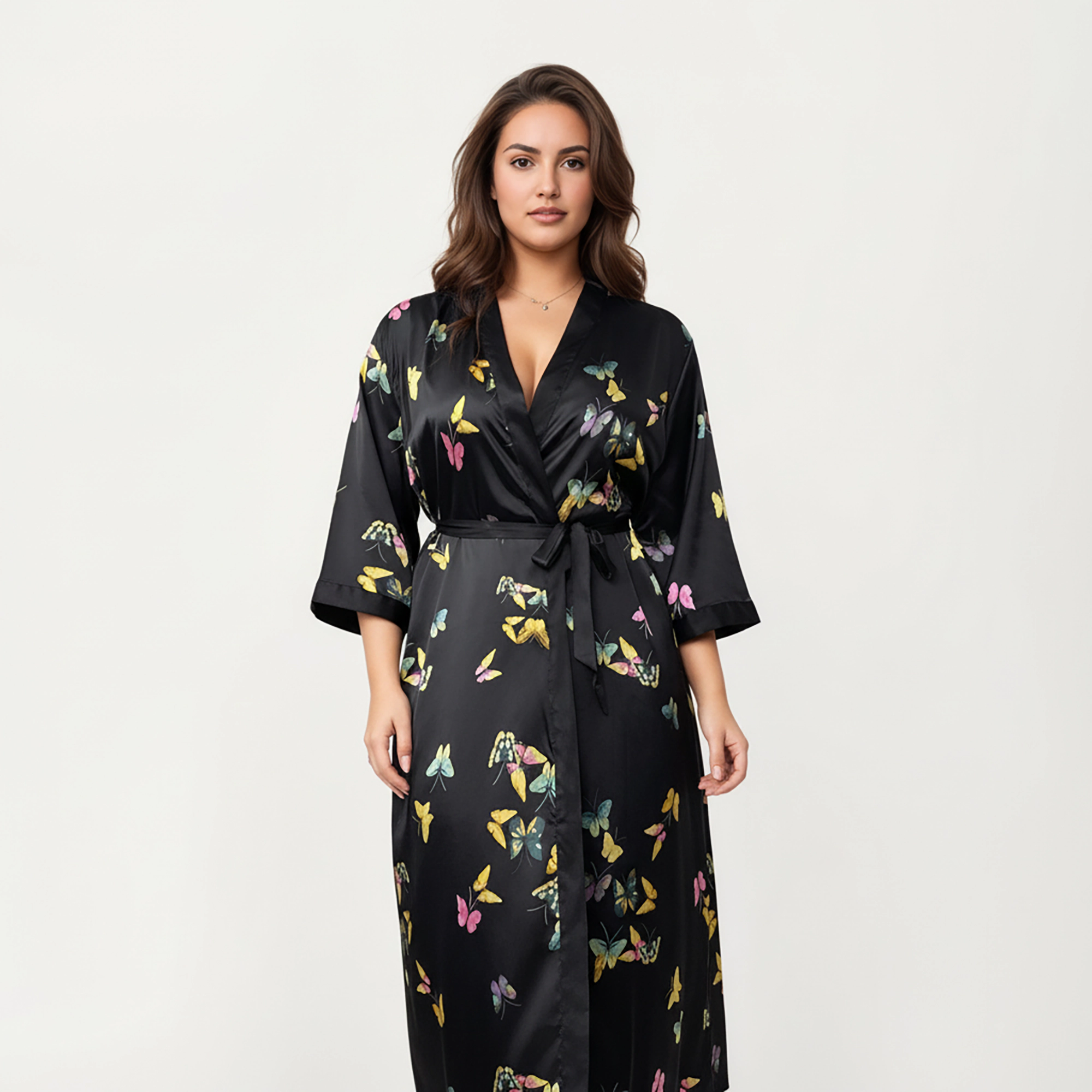 Anna-Kaci Women's Plus Butterfly Print Satin Robe with Wrap Front Design Wide Sleeves and Adjustable Tie Waist Belt