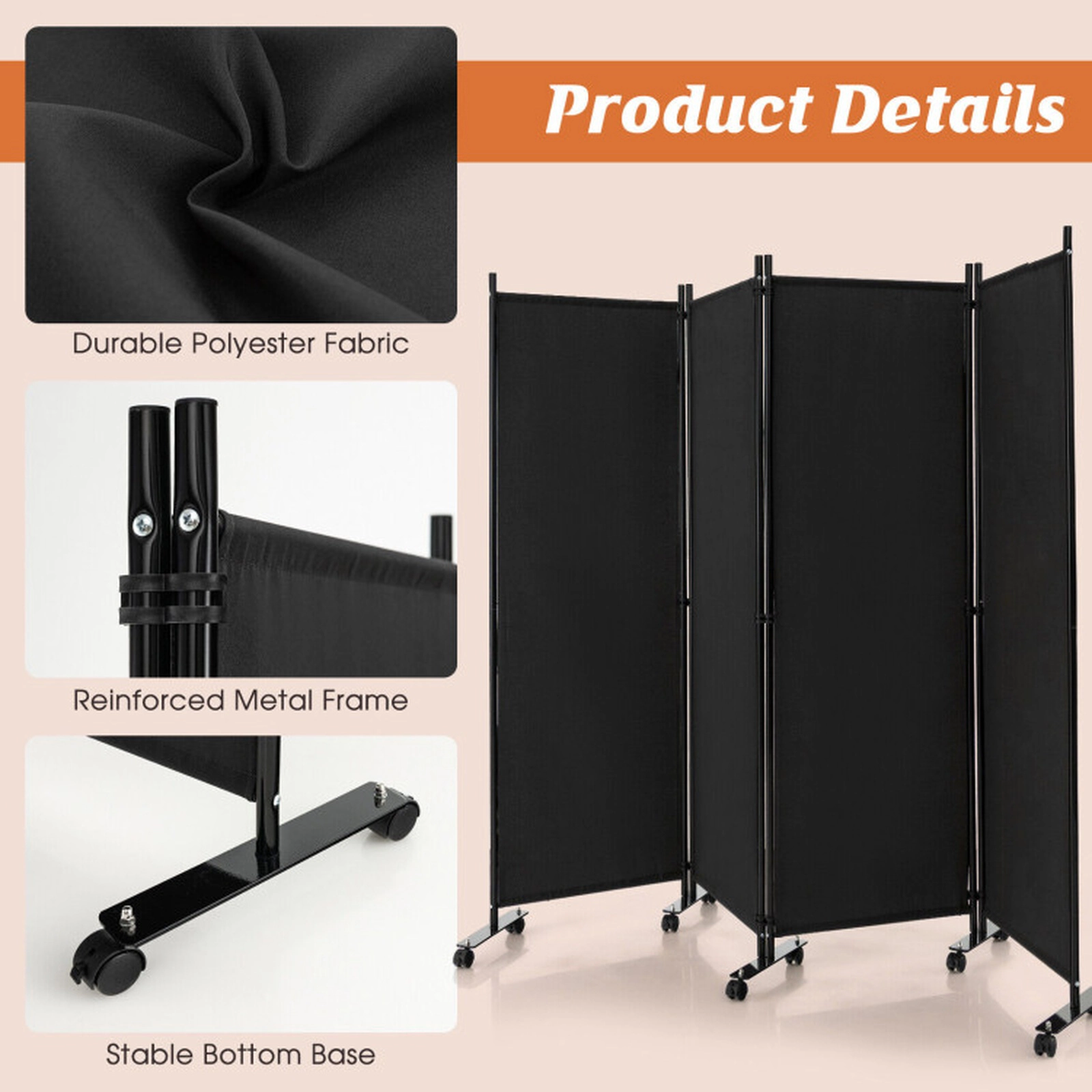 SUGIFT 4-Panel Lockable Casters Folding Privacy Screen Room Divider 89-in x 12-in x 68-in 10 Wheels 19-lb Black