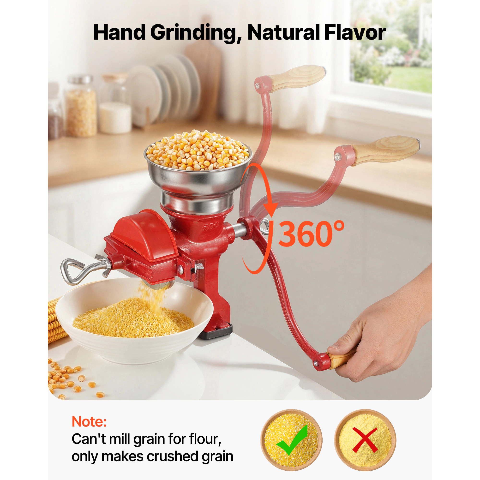 HONGGE Manual Grain Mill with Hopper, Hand-Crank Corn Grinder, Heavy Duty Cast Iron Wheat Grinding