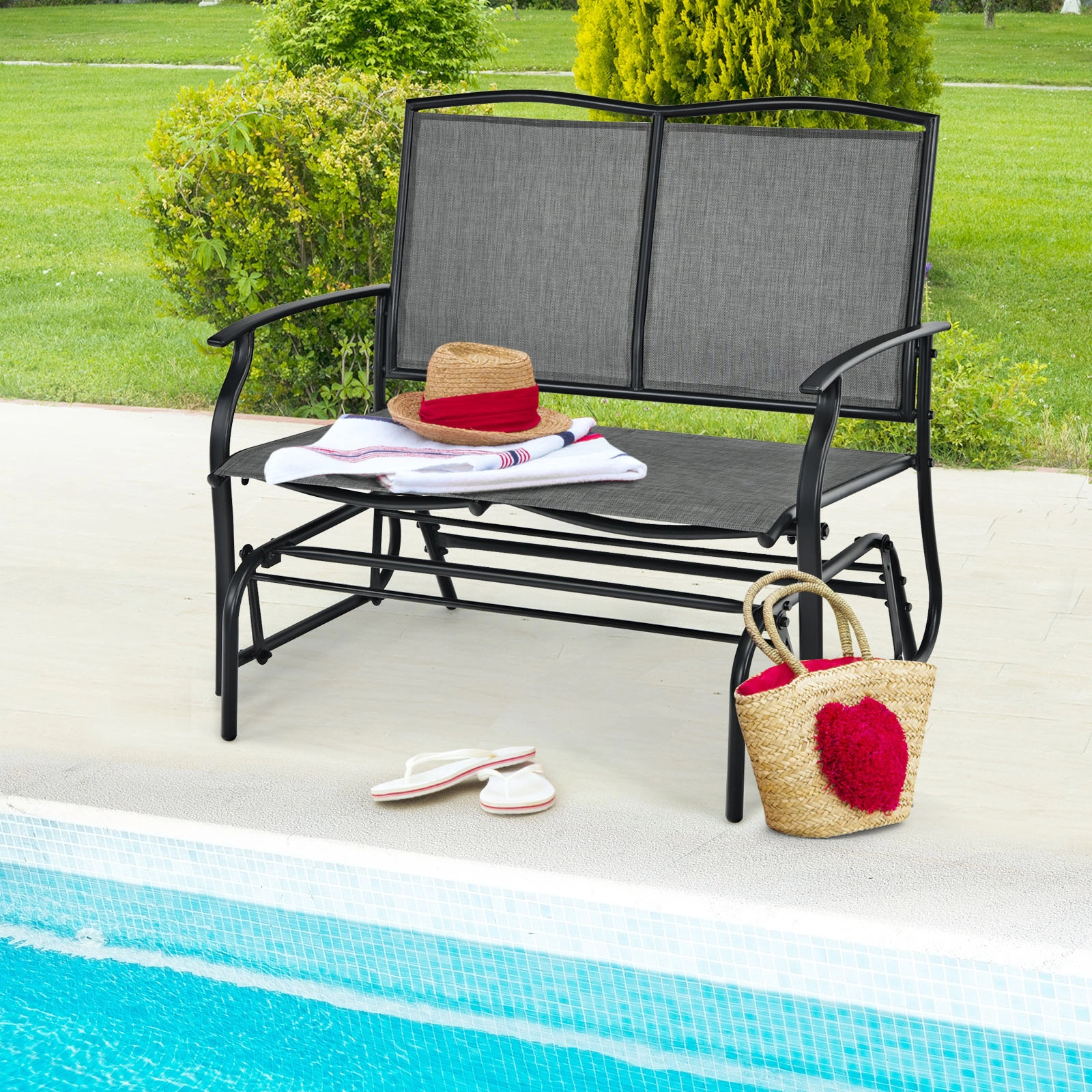 SUGIFT Gray 2-Person Steel Patio Rocking Loveseat with Textilene Mesh, 396-lb Capacity