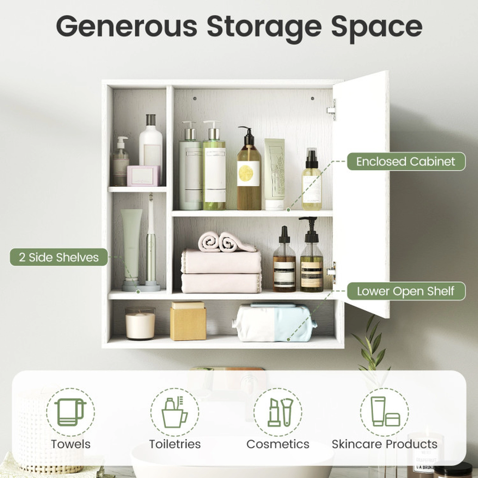 SUGIFT Wall Mounted Bathroom Cabinet with Mirror Single Door 21.5-in Frame 176-lb Capacity Wall Storage 1-Piece White