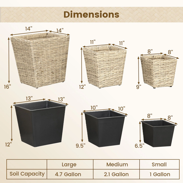 Hivvago 3-Piece Rattan Planter Box Kit with Removable Plastic Liners