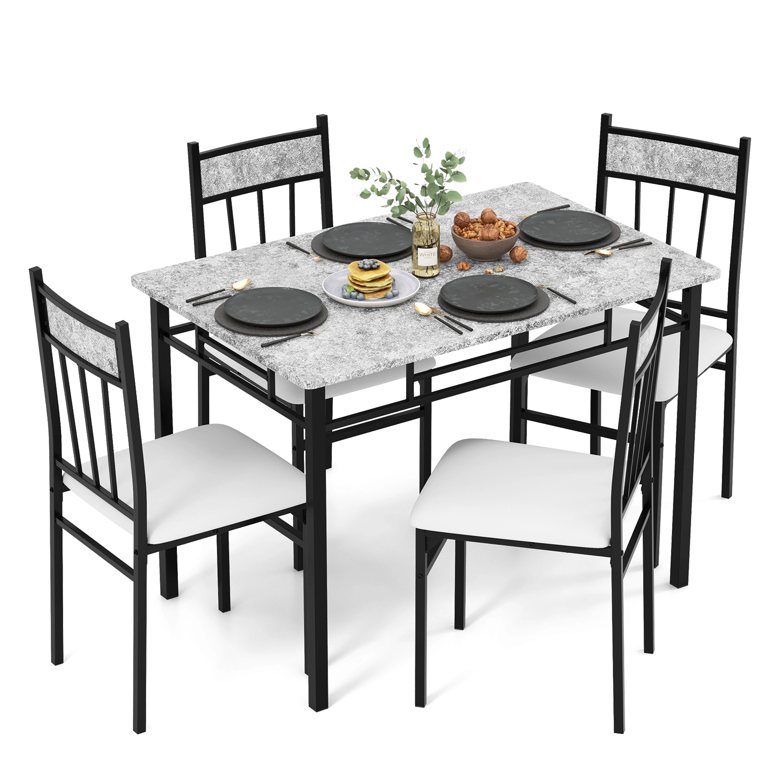 SUGIFT 5 Piece Dining Set Faux Marble Table and 4 Chairs with Steel Frame