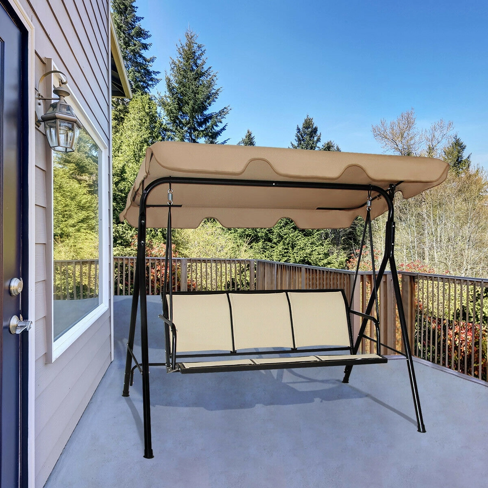 SUGIFT 3 Person Steel Frame Patio Swing with Adjustable Canopy 550-lb Capacity 67-in Wide Textilene Polyester Seat Brown