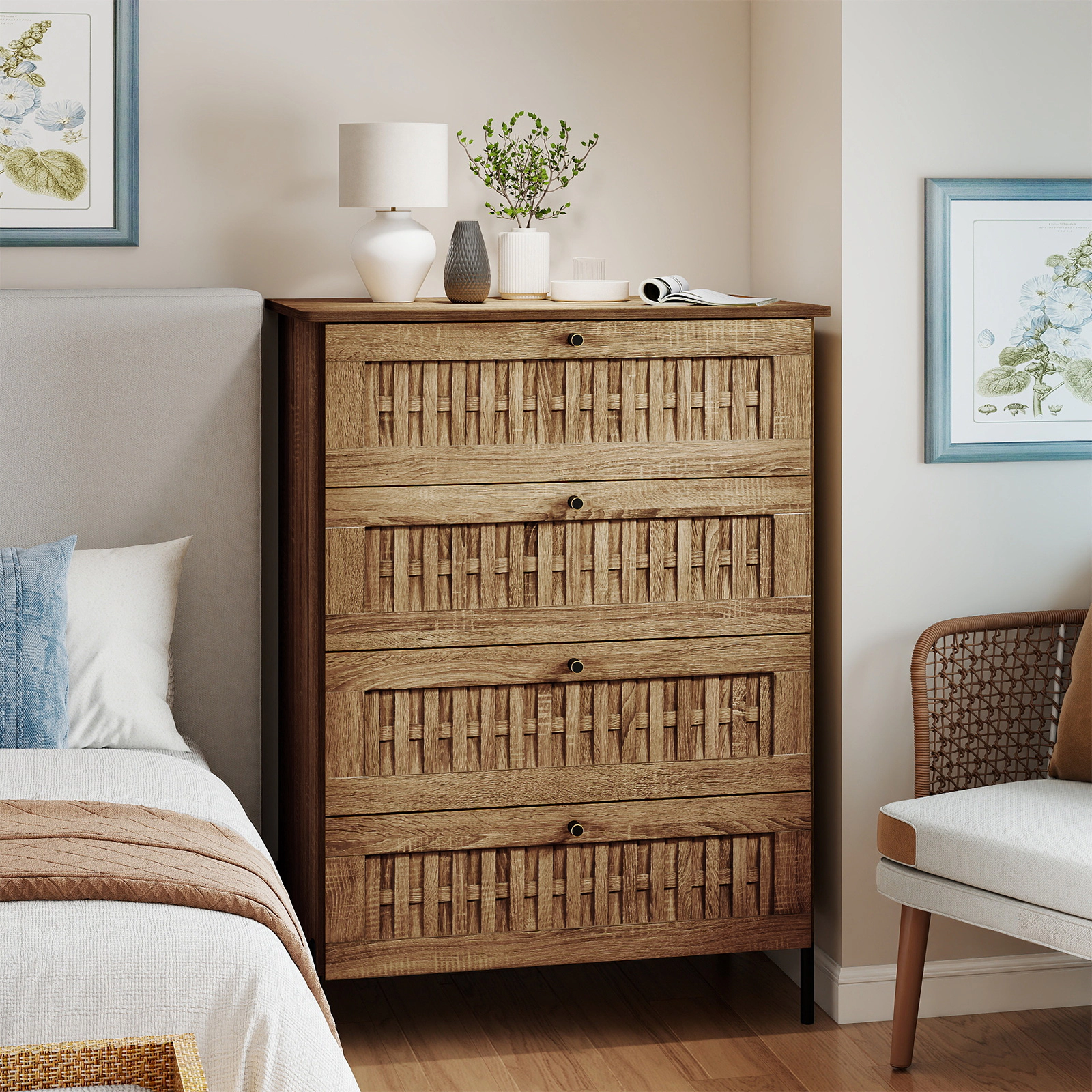 Glintex 4-Drawer Dresser with Rattan-Textured Fronts and Metal Legs, Caramel Oak + Black