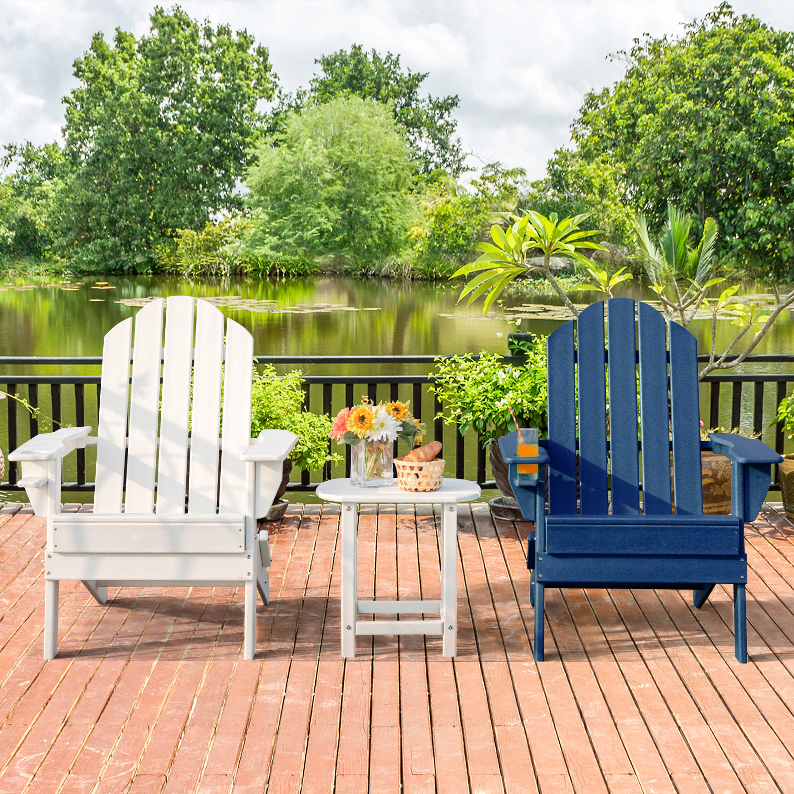 SUGIFT Foldable Patio Chair, Navy, Built-In Cup Holder, Fade-Resistant PE, 330 lb Capacity