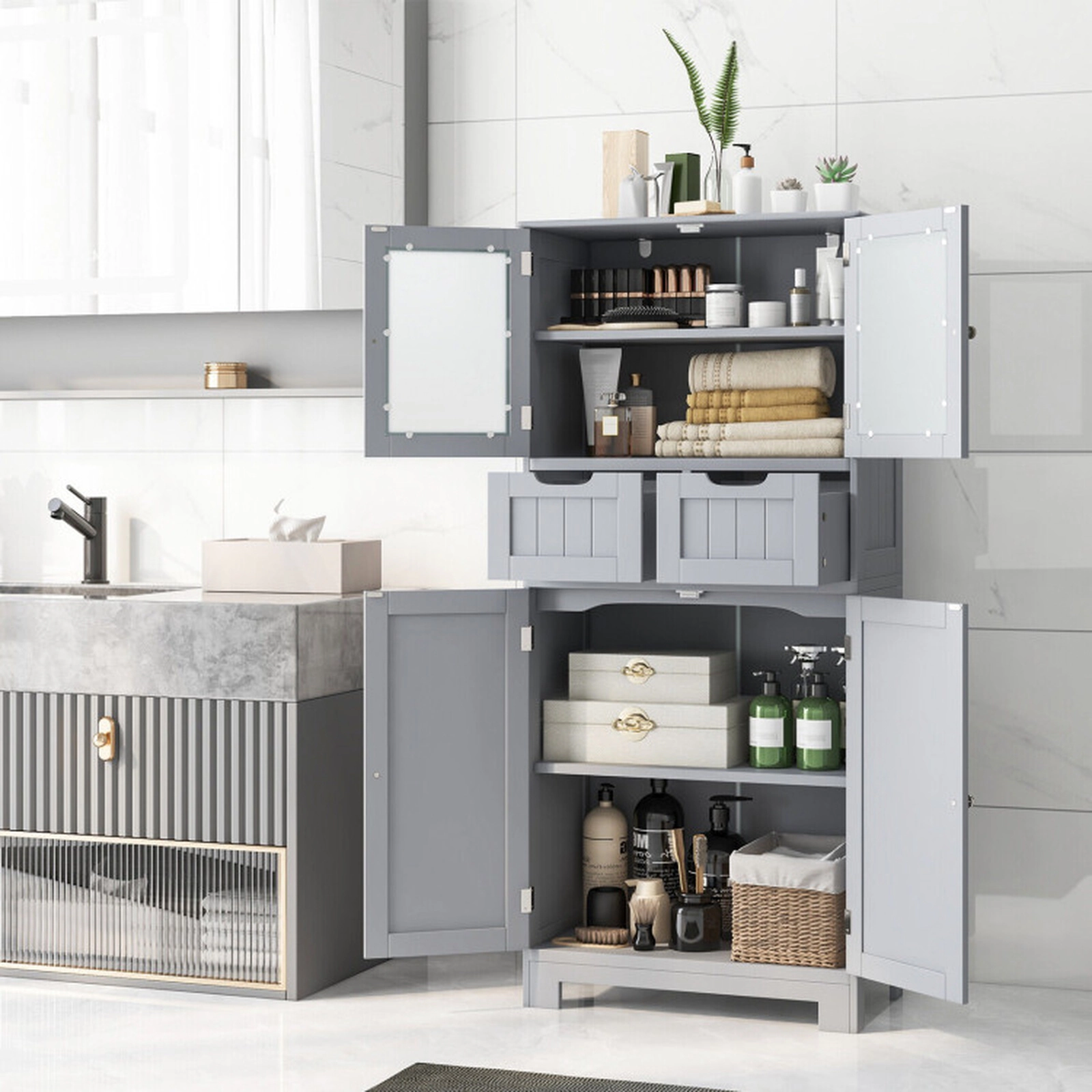 SUGIFT Gray 4-Door 44-lb Top Freestanding Bathroom Storage Cabinet with 2 Drawers and Tempered Glass Doors