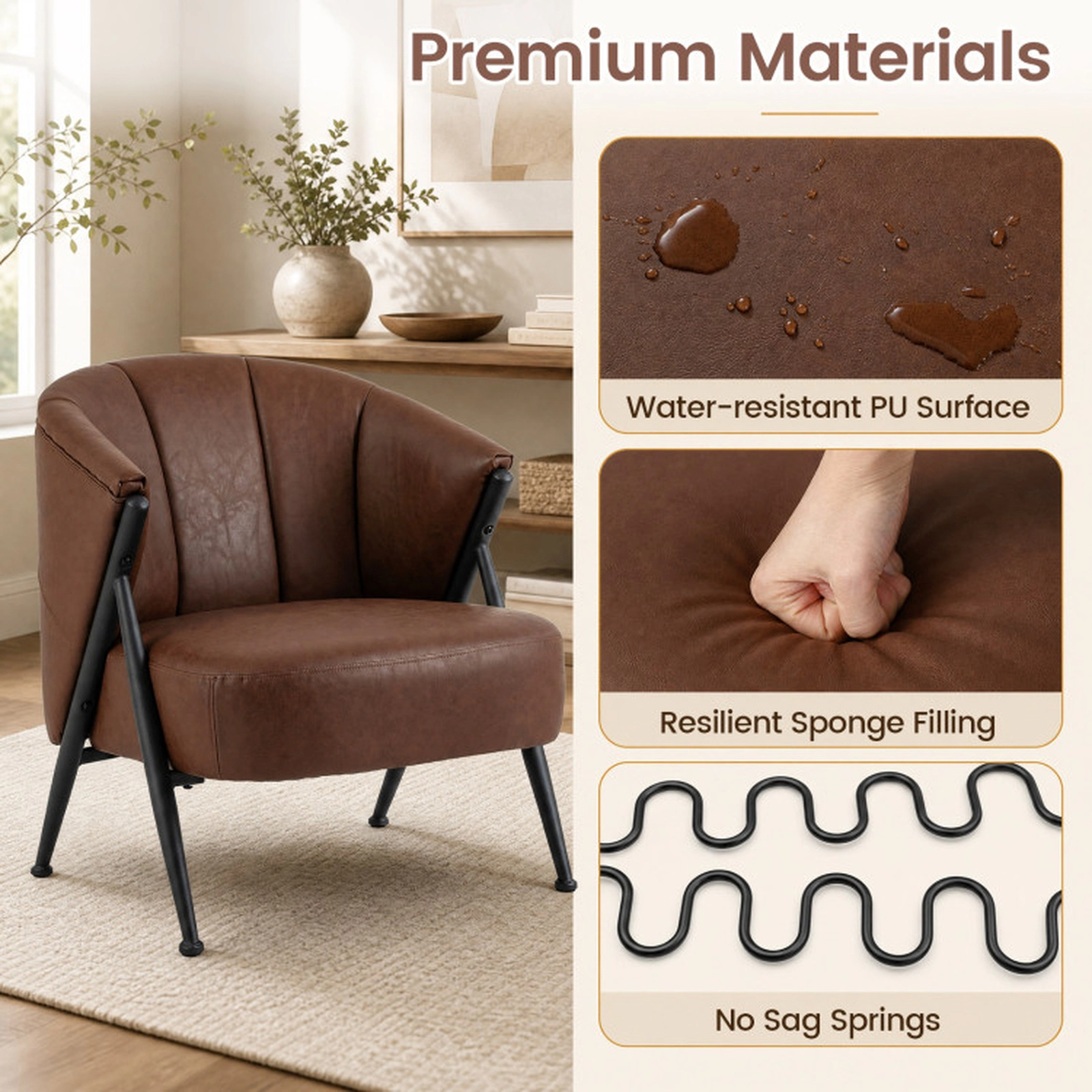 SUGIFT Mid Century Modern Accent Chair with Curved Backrest and Wide 23.5 x 21 in Seat 352-lb Capacity Brown