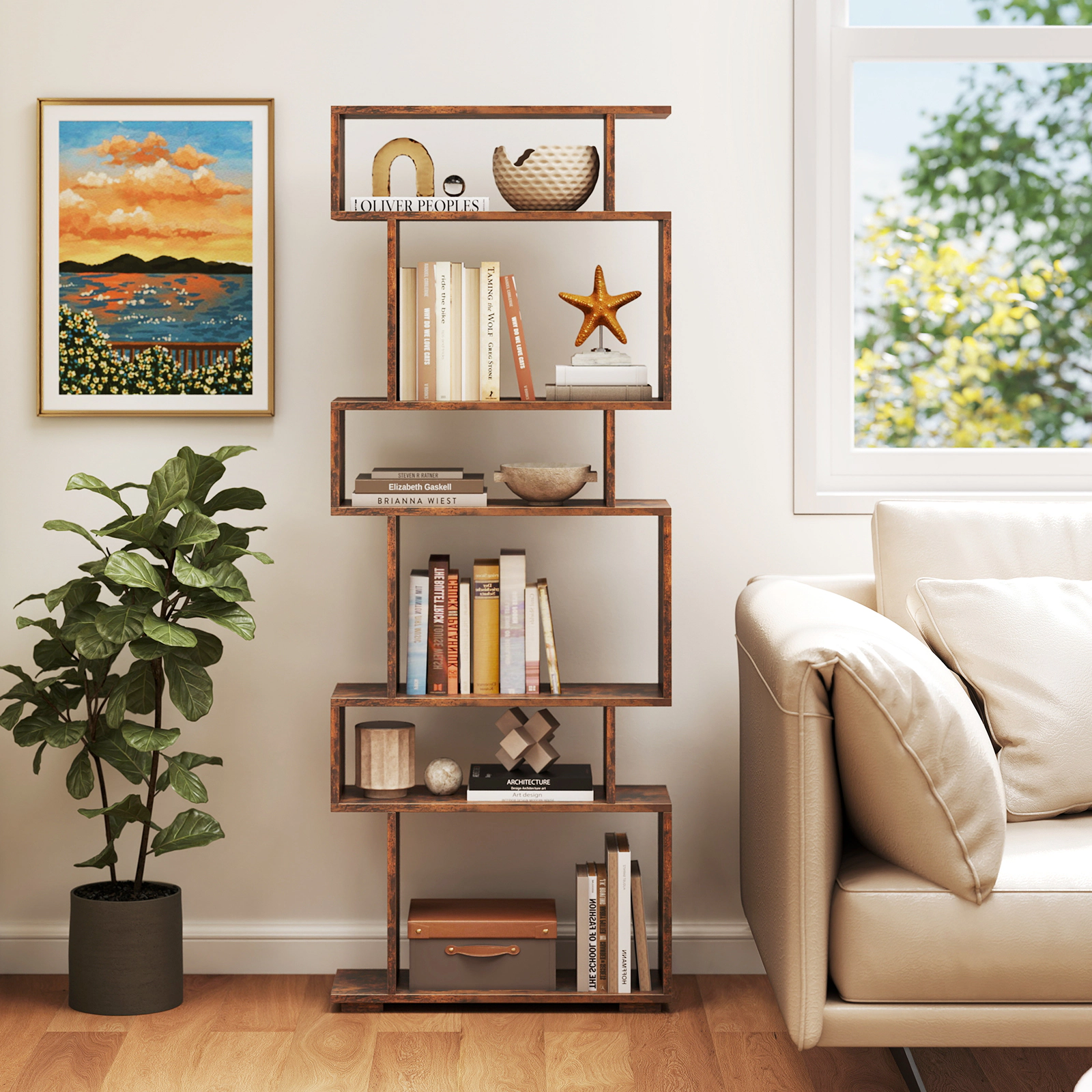 SUGIFT 6-Tier Rustic Brown 64-in Tall Narrow Geometric Bookshelf with 2 Anti-Tipping Kits and Raised Base